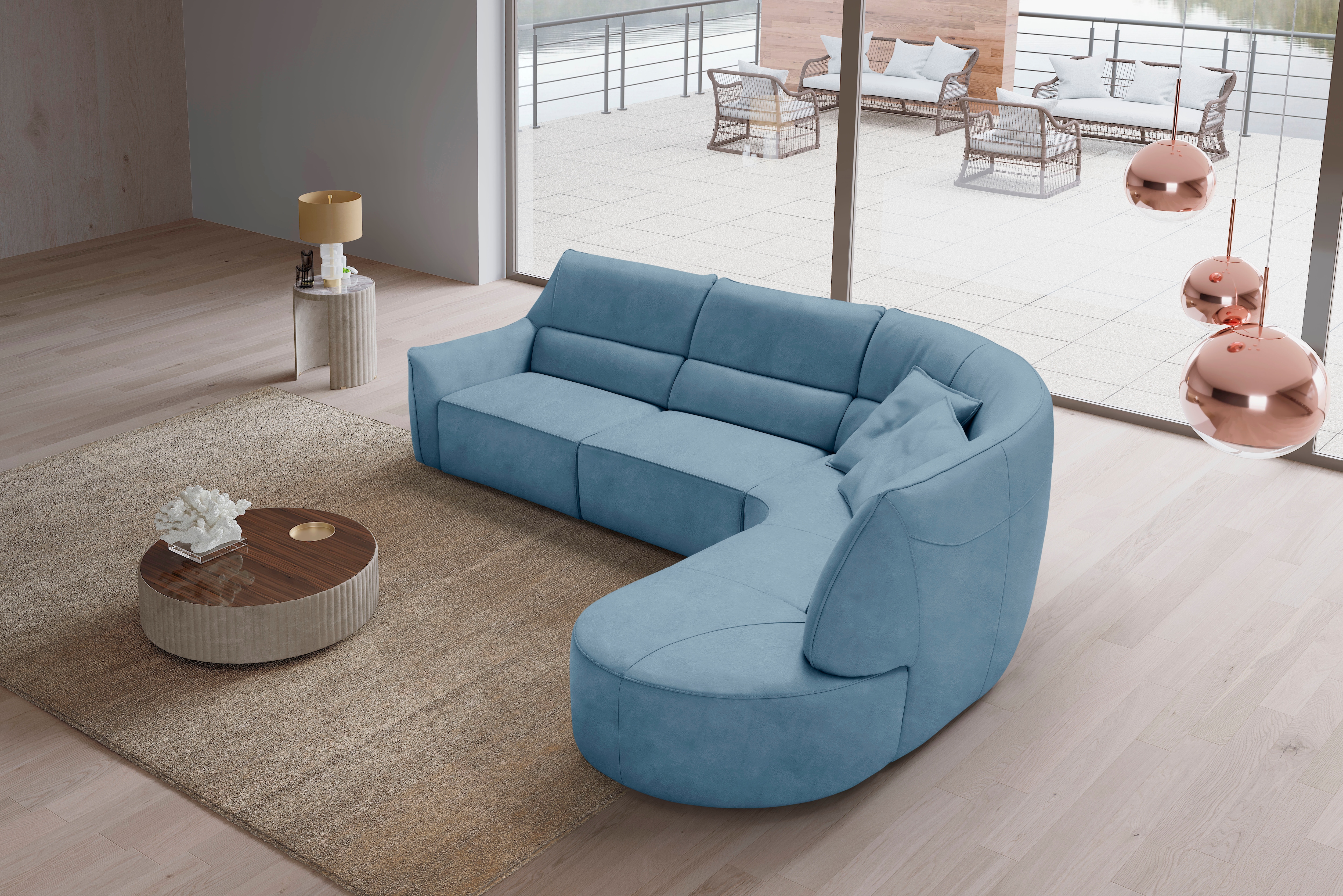 Egoitaliano Ecksofa "Puffy, extravagant & edel, Retro Designsofa, hoher Sitzkomfort, L-Form" mit Ottomane, wahlweise mit und ohne elektrischer Relaxfunktion