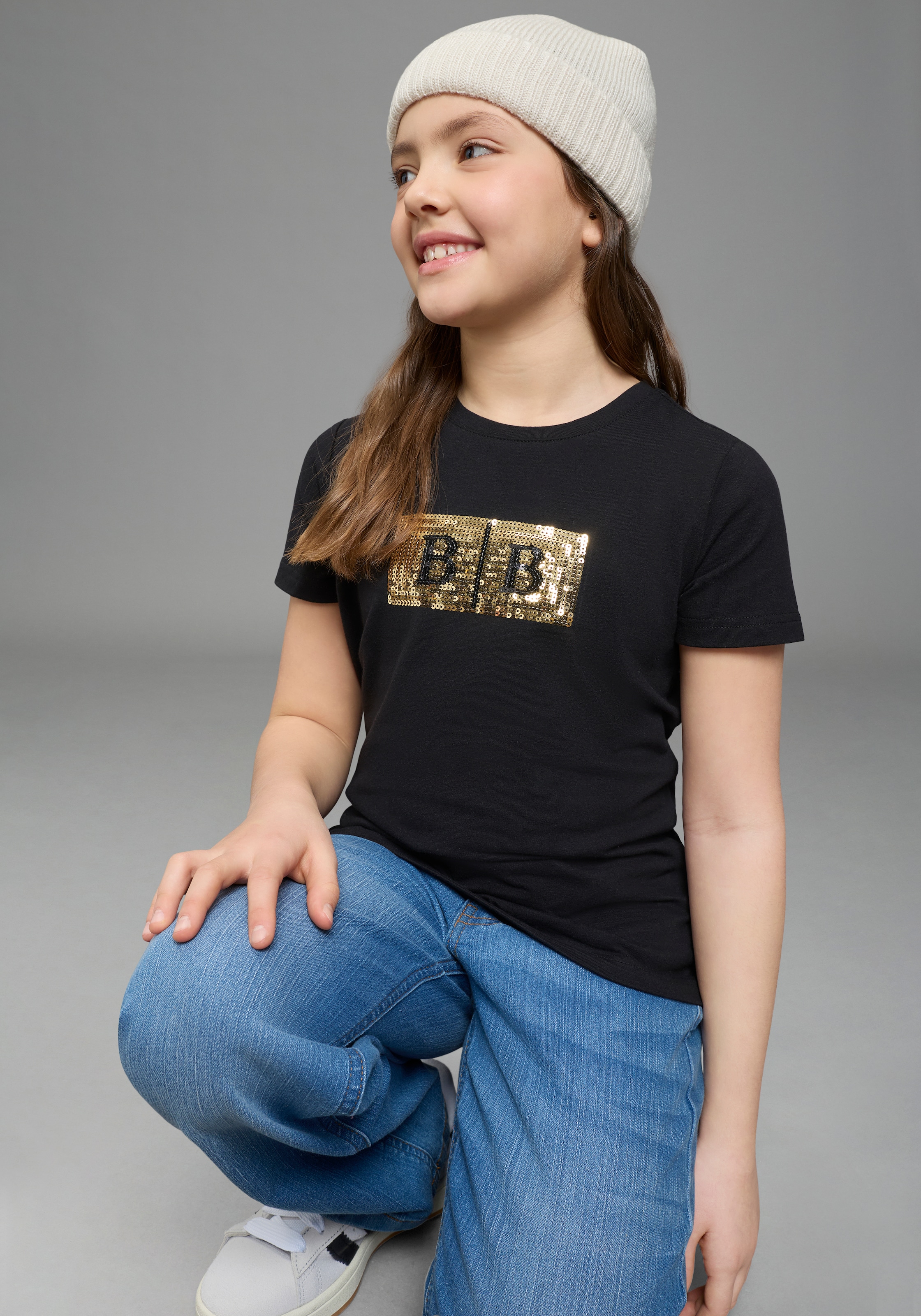 T-Shirt BRUNO BANANI "Banani Paillettenshirt für modische Girls", Mädchen, Gr. 128/134, schwarz, Single Jersey, Obermaterial: 95% Baumwolle, 5% Elasthan, bedruckt, unifarben, Basic, Rundhals, Shirts T-Shirt, modische Basic-Passform, Kurzarm, mit Paillette