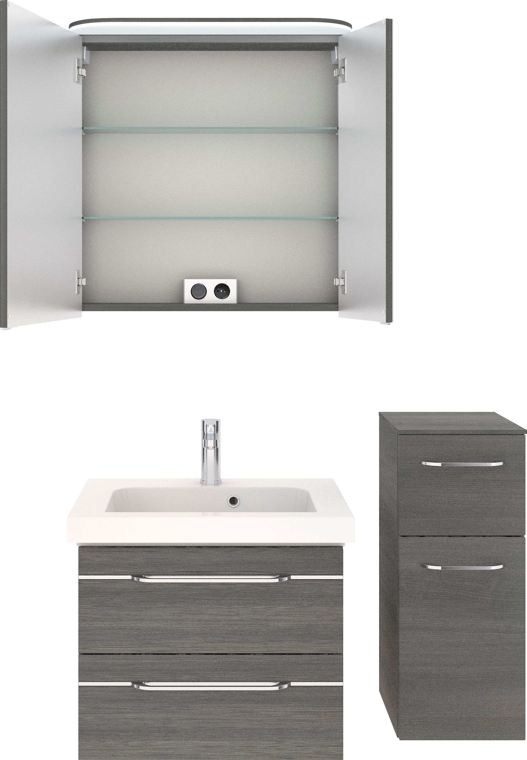 Saphir Badmöbel-Set »Balto Sprint 3-teilig, Mineralmarmor-Waschtisch mit LED-Spiegelschrank«, (4 St.), Badezimmer Set mit Unterschrank inkl Türdämpfer, 3 Türen, 3 Schubladen