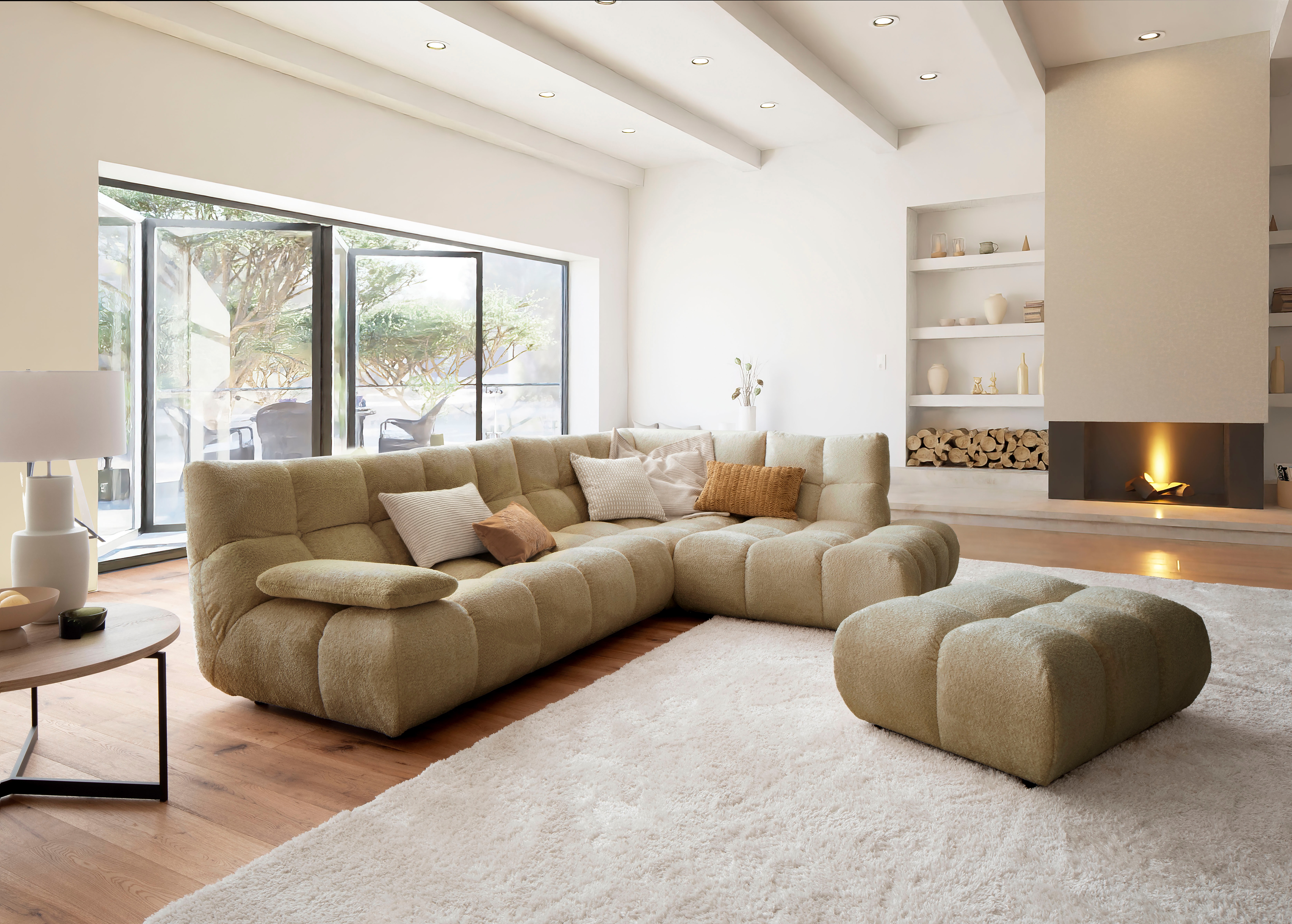Home affaire Ecksofa "Cozy Bubble, mit klappbarer Armlehne, Breite 324 cm" mit eleganter Steppung, Rundumbezug & weicher Polsterung