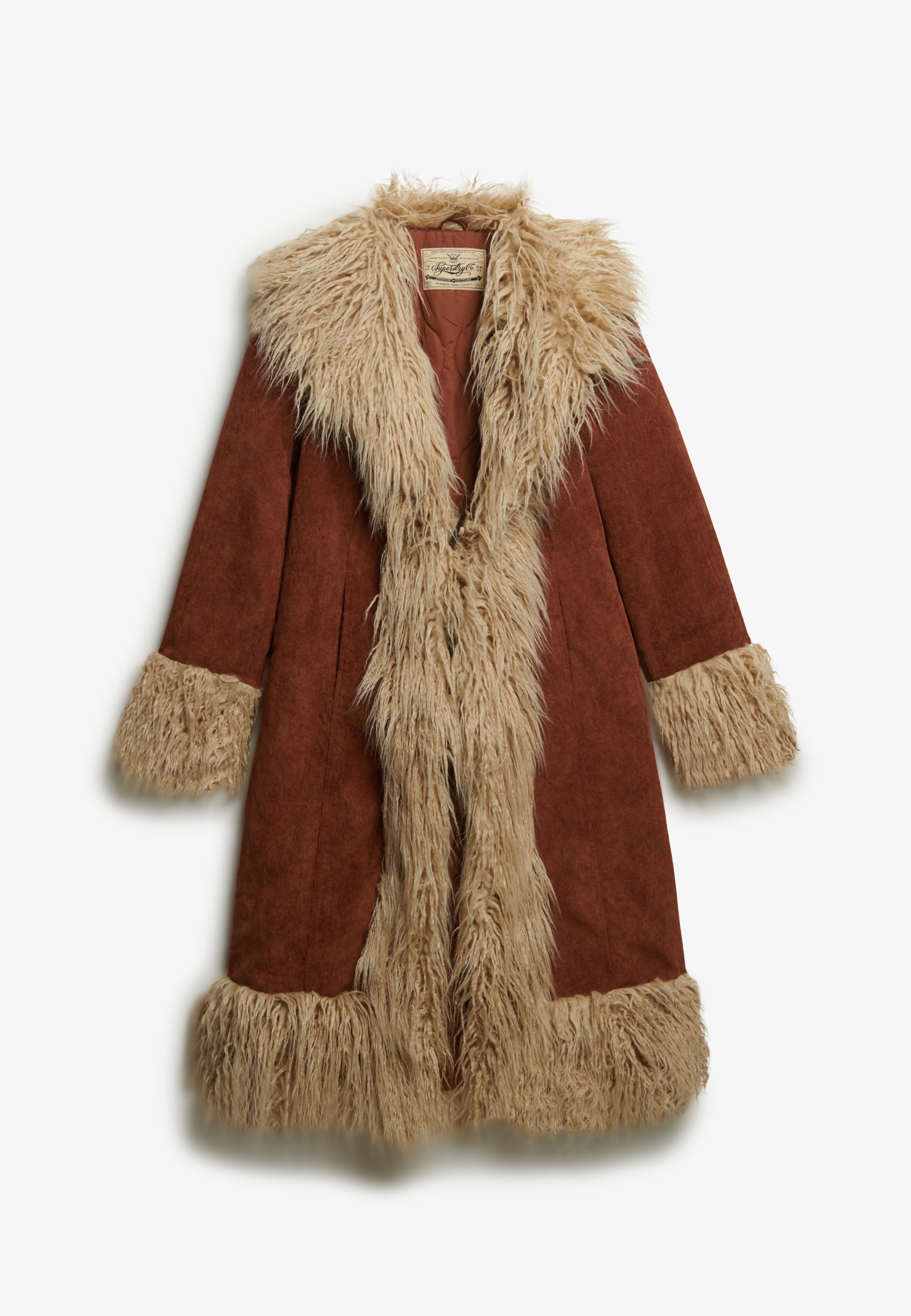 Superdry Fellimitatmantel »LONG AFGHAN COAT« Materialmix, slim fit, mit Kunstfellbesatz