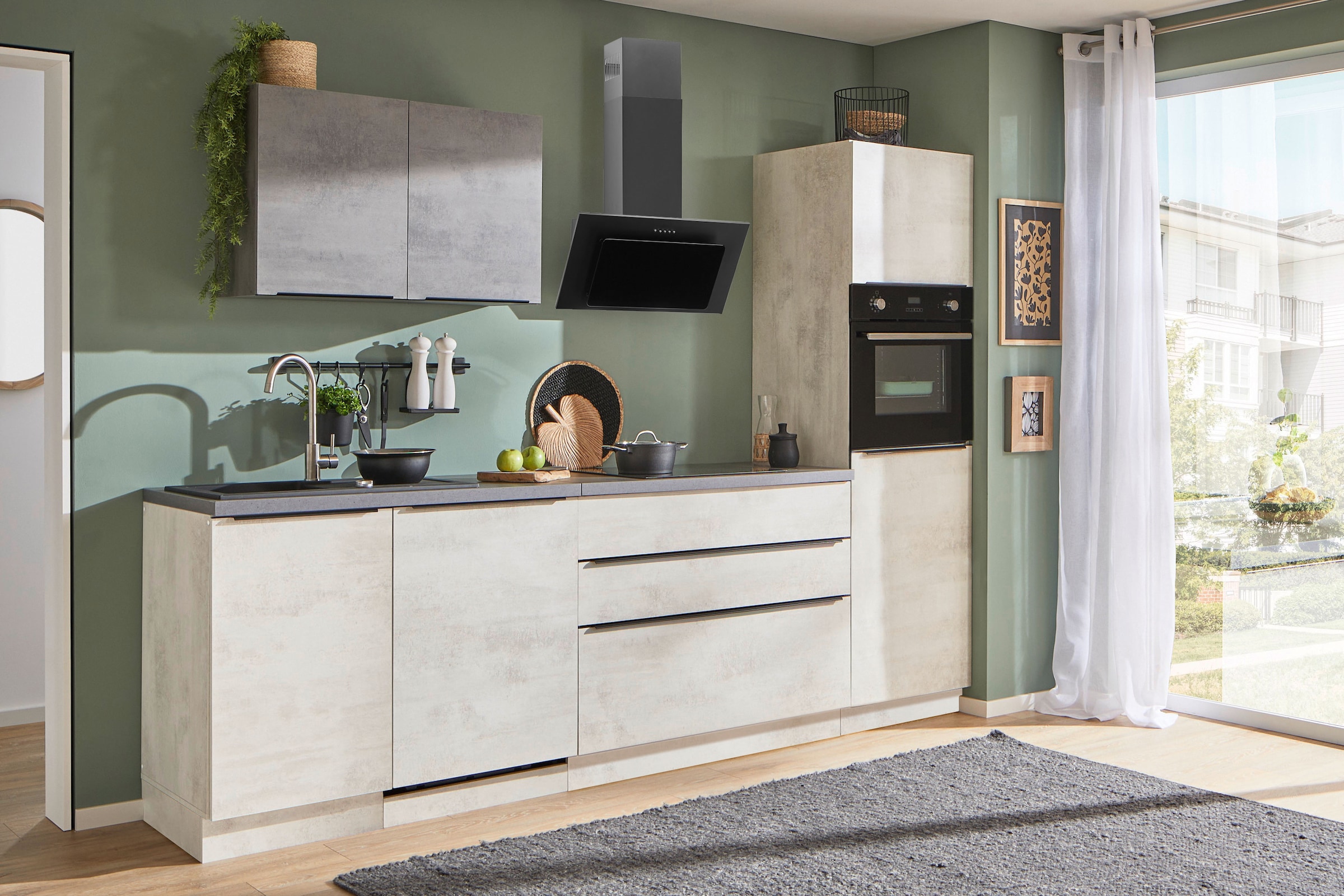 BASIC by Balculina Küchenzeile »Sanibel, Küche BxTxH 280x60x210 cm«, Breite 280cm, mit E-Geräten, Softclose für Türen und Schubkästen