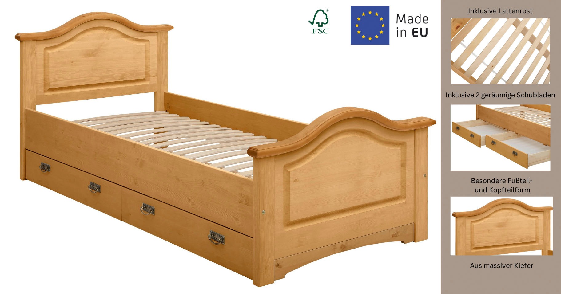 OTTO home Massivholzbett "Konrad, Stauraumbett, Messinggriffe, rustikaler L günstig online kaufen