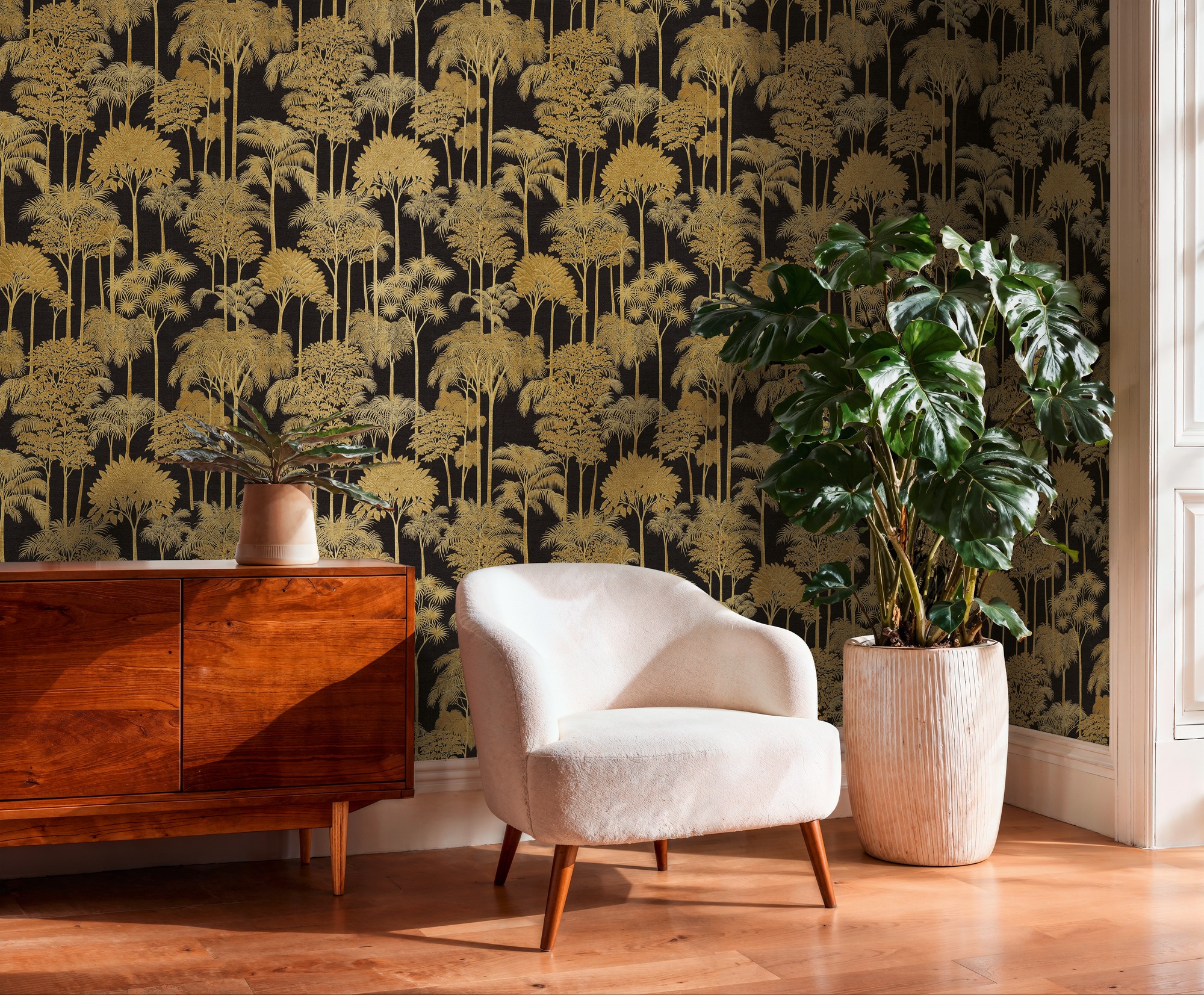 A.S. Création Vliestapete "Cuba II Golden Forest" Retro floral tropisch leicht strukturiert Dezentes Waldmotiv mit stilisierten Bäumen und sanfter Tiefe