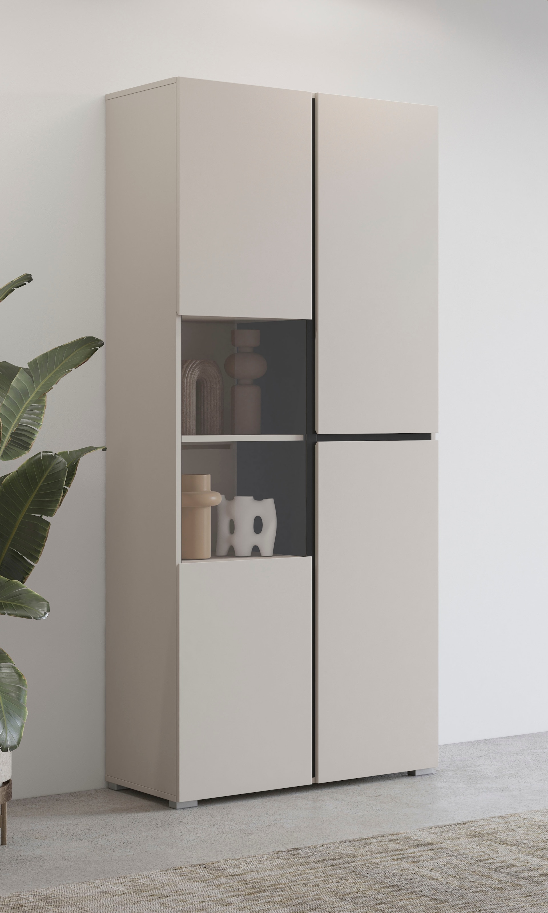 OTTO home Vitrine "Cross, Höhe 183,5 cm, moderne grifflose Standvitrine mit 3 Türen" Hochschrank mit viel Stauraum, Glastür und verstellbaren Einlegeböden
