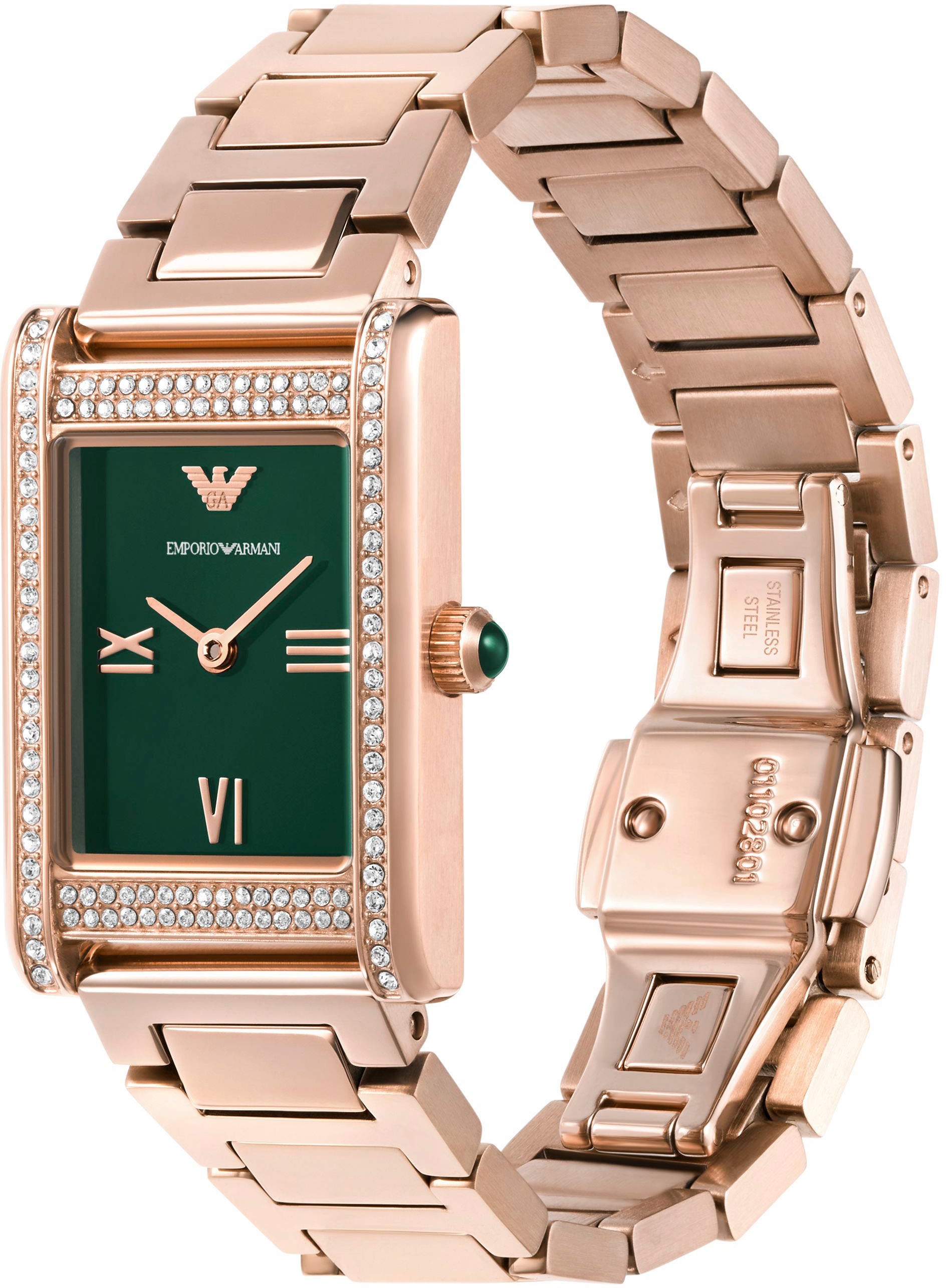 Emporio Armani Quarzuhr, Armbanduhr, Damenuhr, Edelstahlarmband, analog, Glassteine