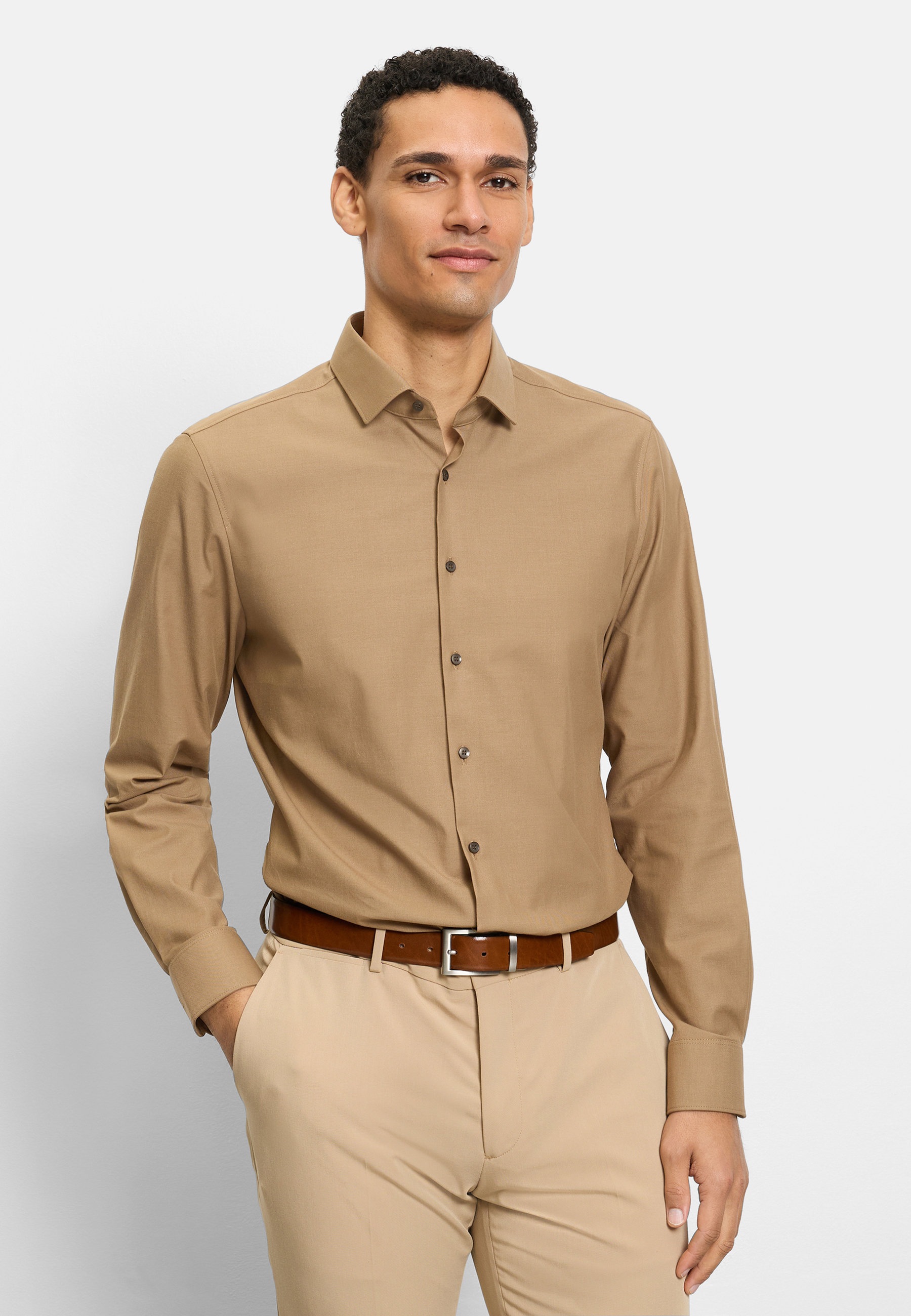 Businesshemd OLYMP "OLYMP Level Five 24/Seven, body fit, Modern Kent", Herren, Gr. 46, Normaler Arm, braun, 64% Baumwolle, 27% Polyester, 9% Elasthan, Hemden