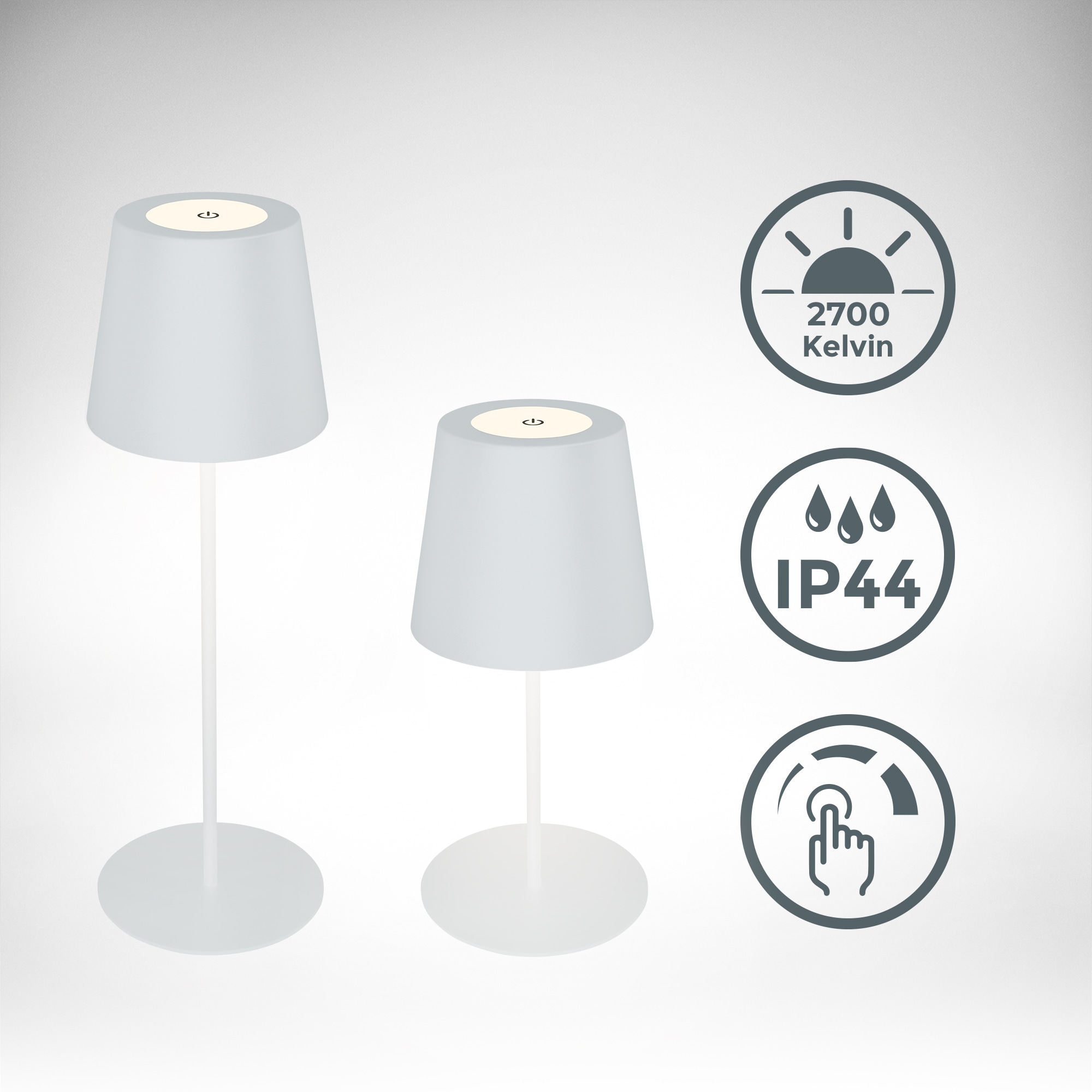 B.K.Licht Außen-Tischleuchte »BK_TL1594 Akku LED Tischlampe, 3-Stufen Touchdimmer, mit USB«, 1 flammig, Leuchtmittel LED-Modul | LED fest integriert, 2.700 K, 200 Lm, 2,5W, IP44, 12h Leuchtdauer, 36 x 10,5 cm, Weiß