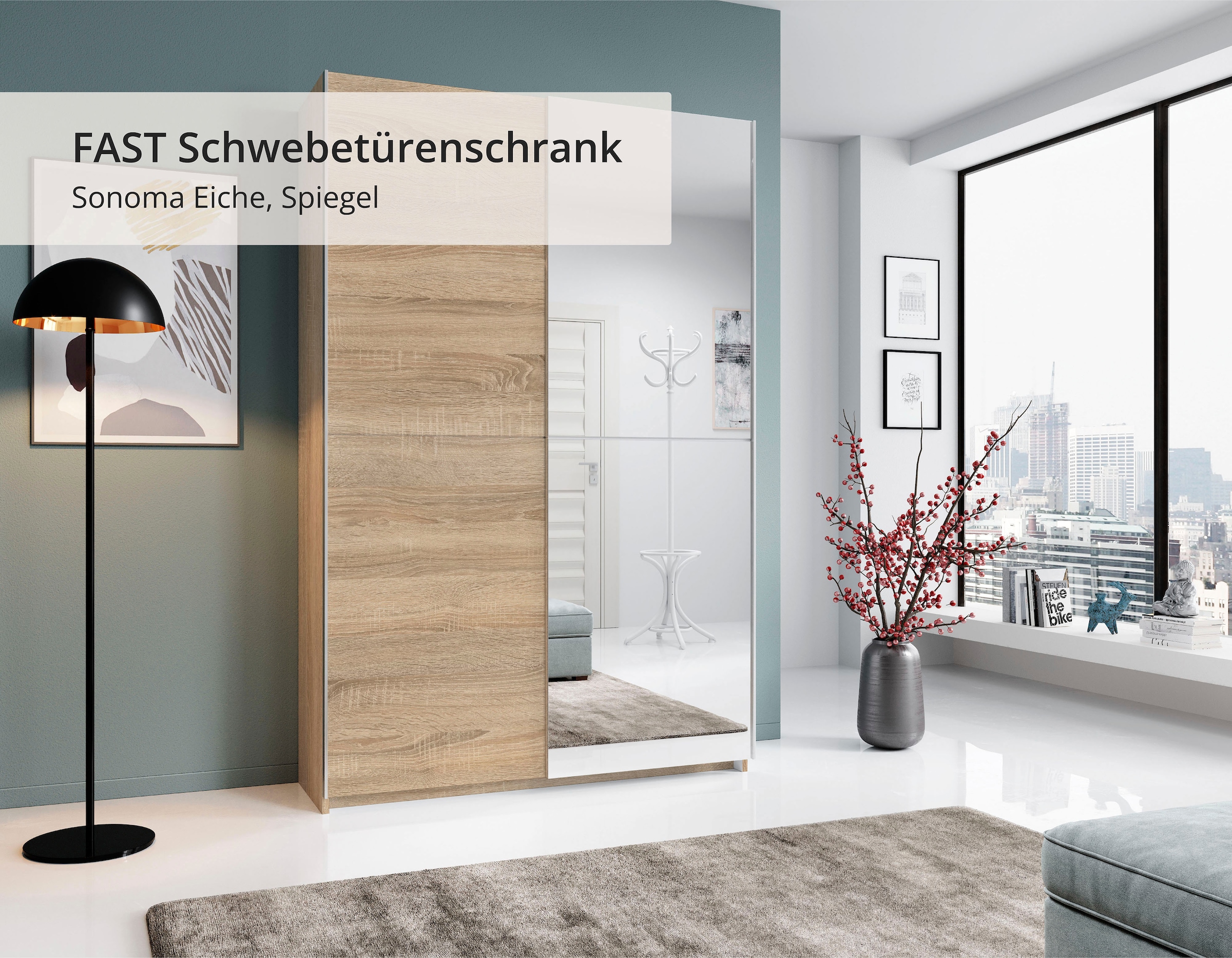 Schlafkontor Schwebetürenschrank »Heimo/Fast Schrank Kleiderschrank Garderobe«, geringe Tiefe, ausziehbarer Kleiderstange, Garderobenschrank, 6 Böden
