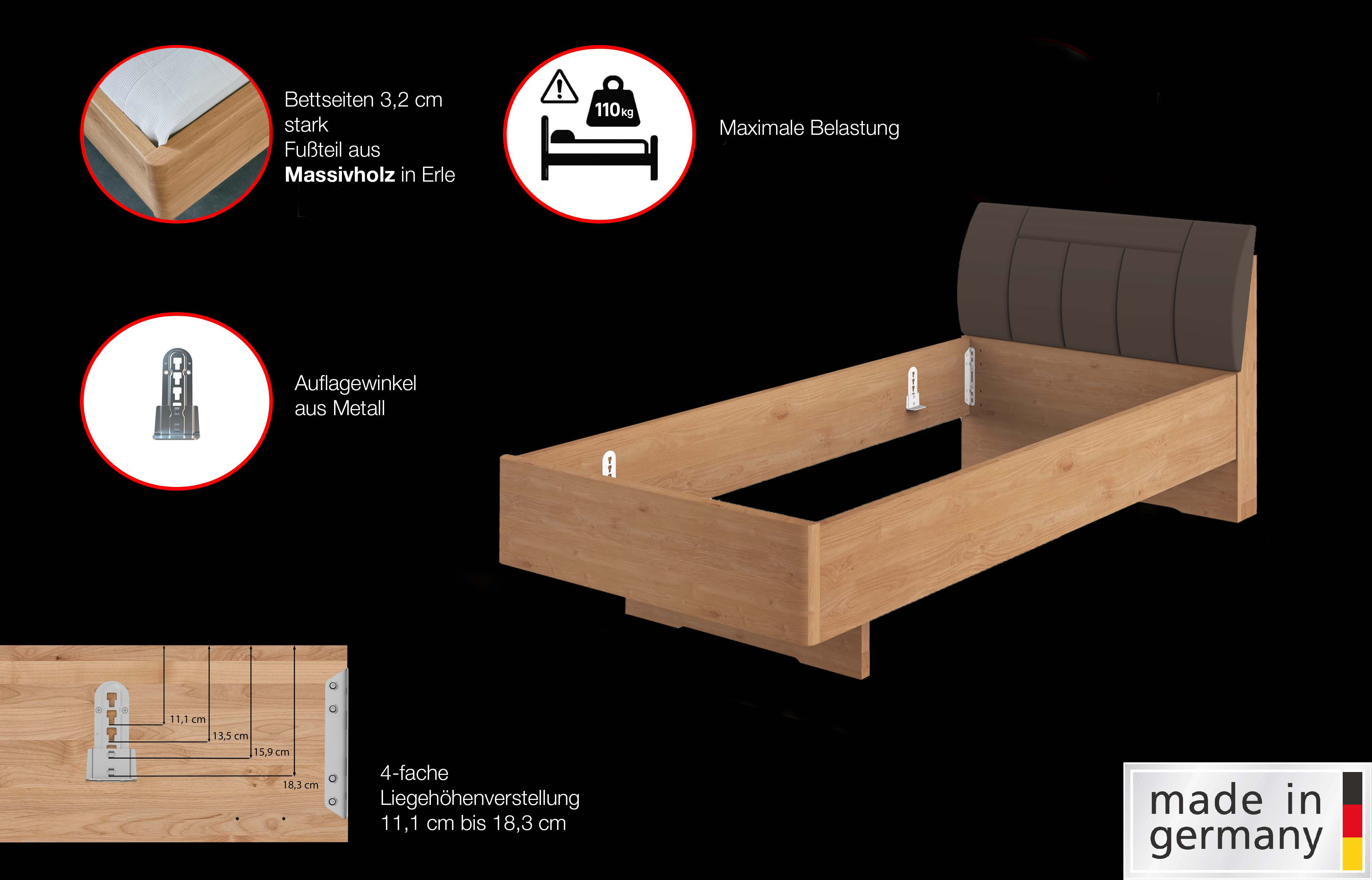 Thumbnail - WIEMANN Holzbett "Cardiff, Bettgestell, Bettrahmen, teilmassiv, mit Polsterkopfteil" Belastbarkeit 110/220 Kg, 4-fache h...