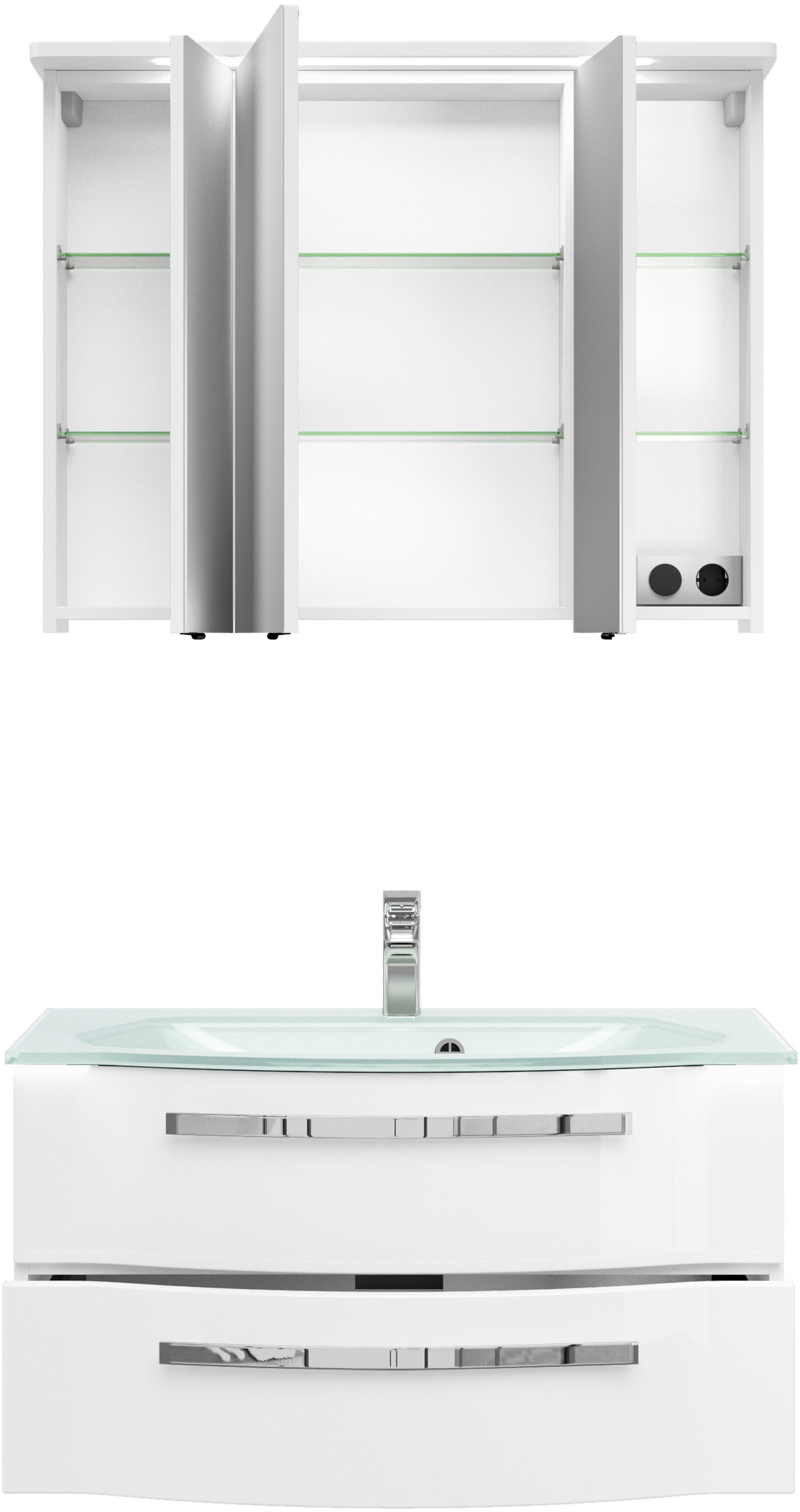 Thumbnail - Saphir Badmöbel-Set "Serie 4005, vormontiert, Glaswaschbecken, Spiegelschrank" Set, 3 Stk. tlg.