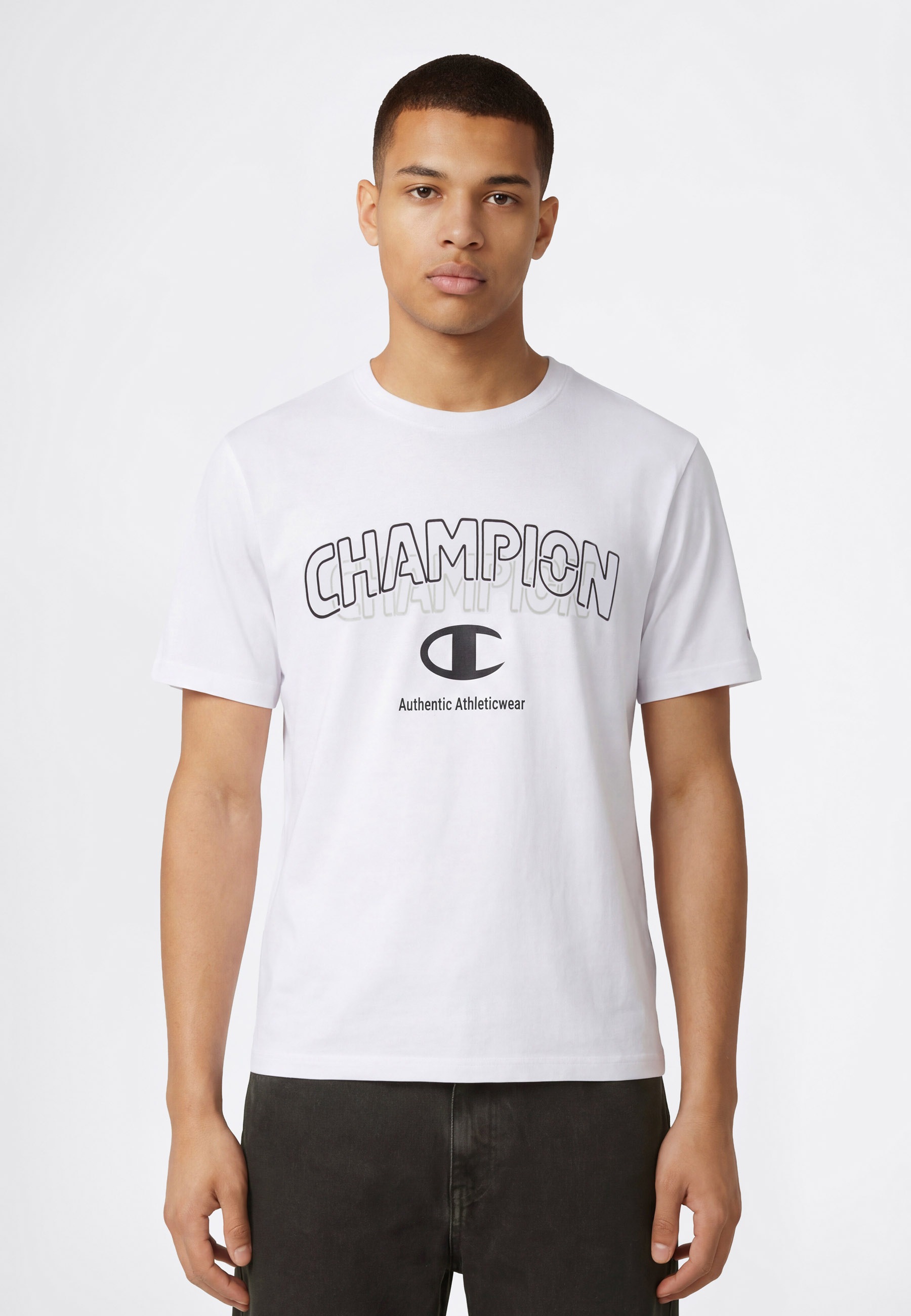 T-Shirt CHAMPION "Graphic Tee", Herren, Gr. S, wht, Obermaterial: 100% Baumwolle, normal, Rundhals, Shirts T-Shirt, sportliche Passform, Kurzarm, Rundhalsausschnitt