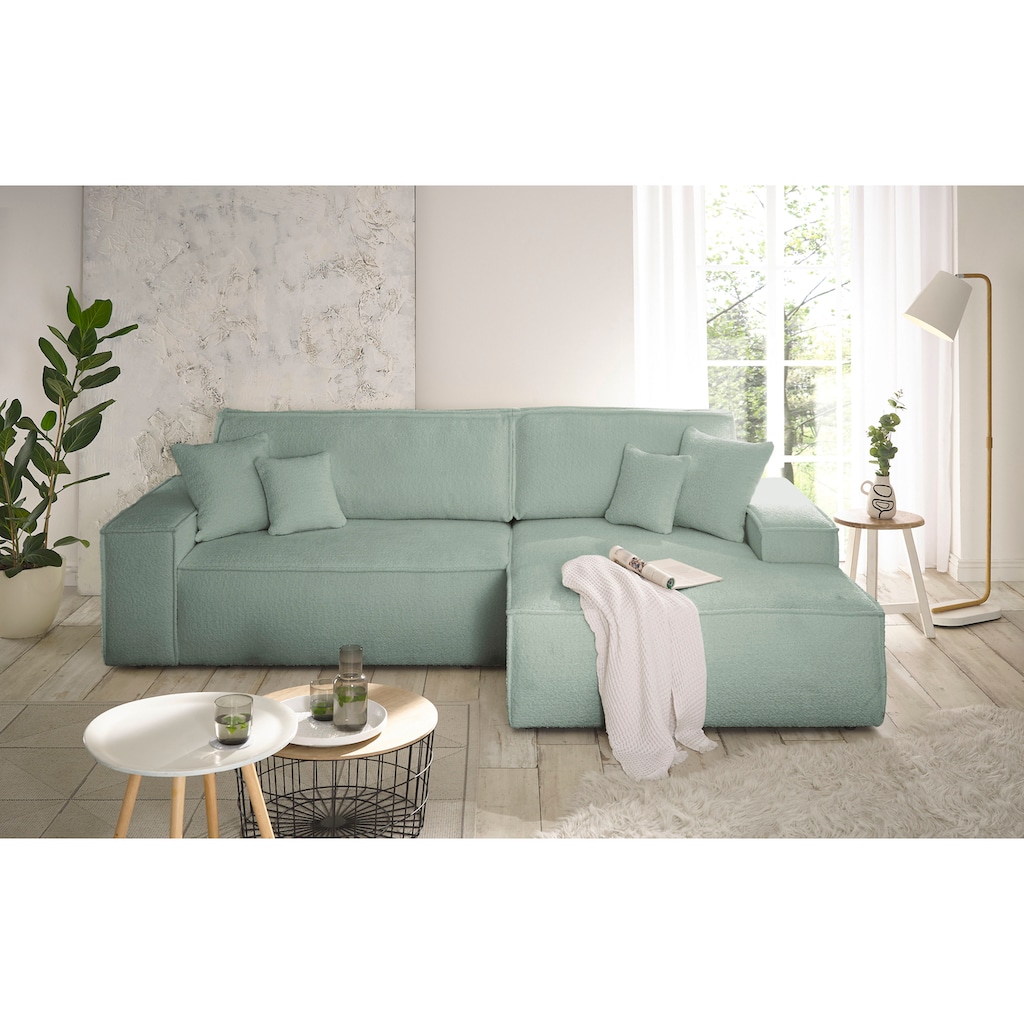 andas Ecksofa »Finnley Schlafsofa 267 cm in Bouclé u. Struktur fein, L-Form,«, Schlaffunktion m. Bettkasten (136/210 cm), Bouclé, Struktur