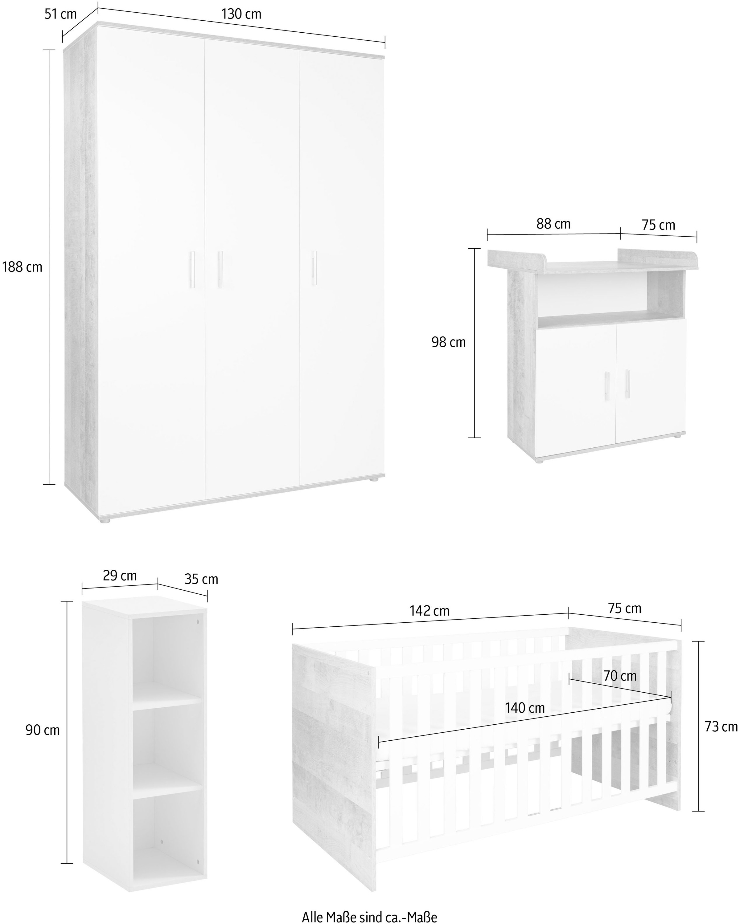 arthur berndt Babyzimmer-Komplettset »Jugendzimmer-Set »Kilian« 4-teilig«, (4 tlg.), Platinum Oak/ Weiß Nachbildung