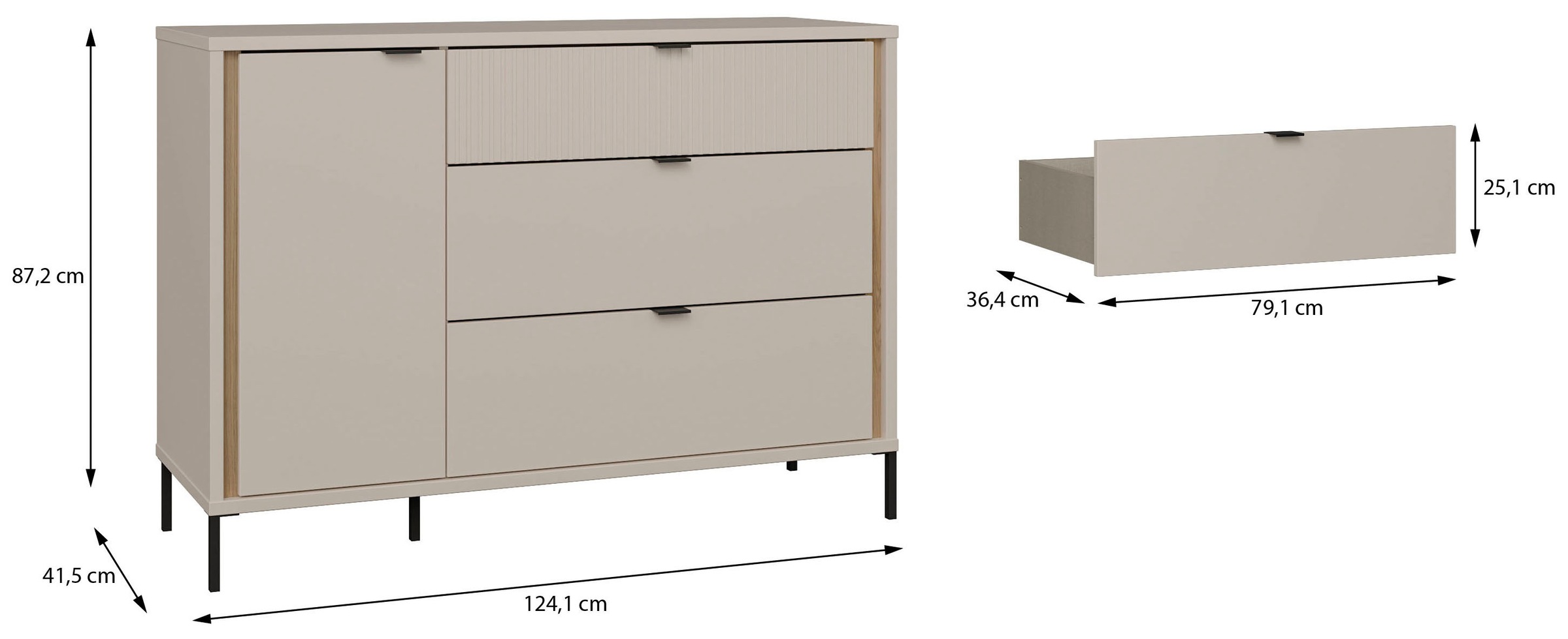FORTE Sideboard »Forte Seravel Kommode 124 cm, Kashmir Beige/Mauvella Eiche« B/H/T 124,1/87,2/41,5 viel Stauraum, Lamellenoptik