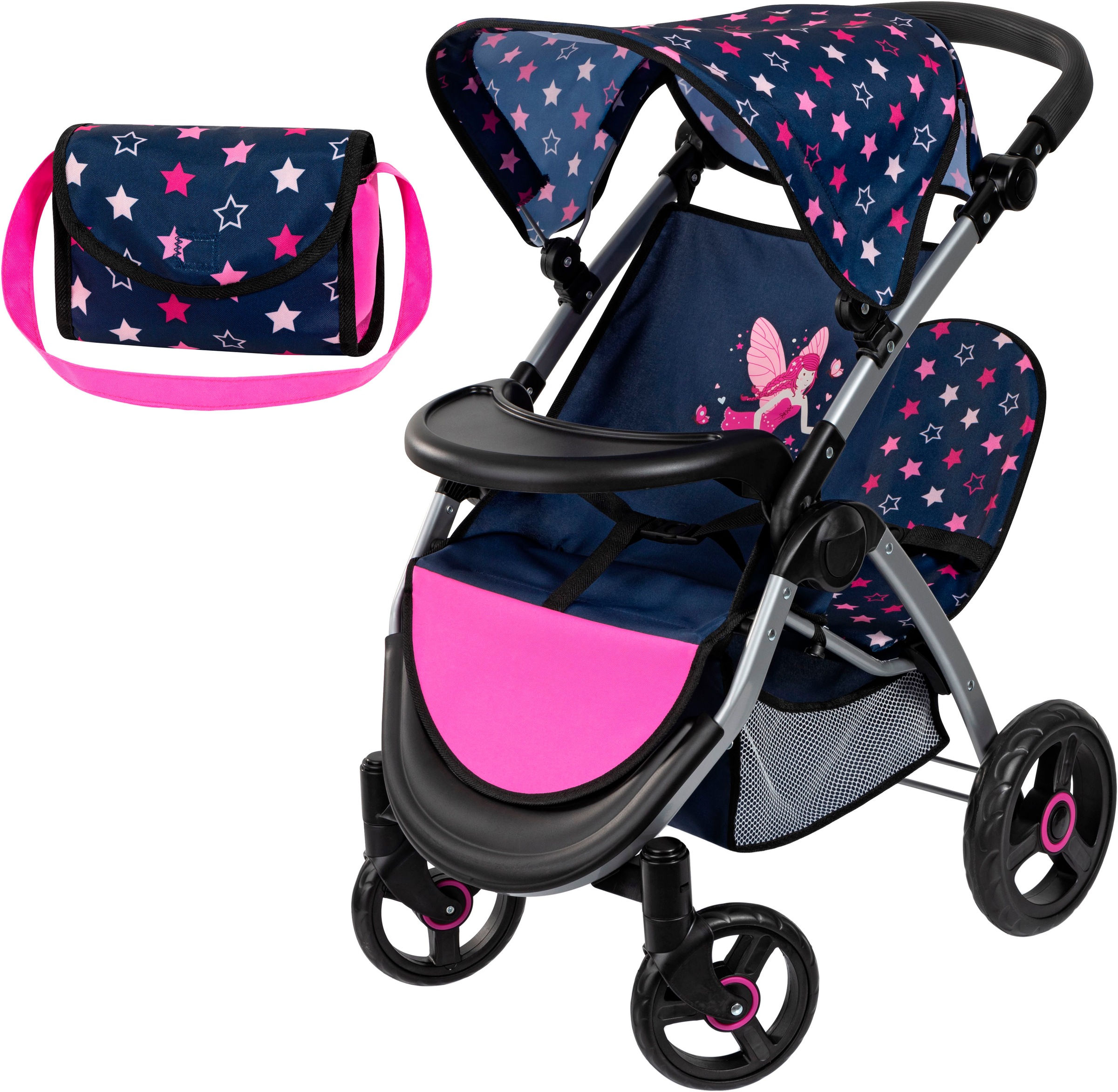 Bayer Puppen-Zwillingsbuggy »Twin Star, blau/pink«, mit Wickeltasche