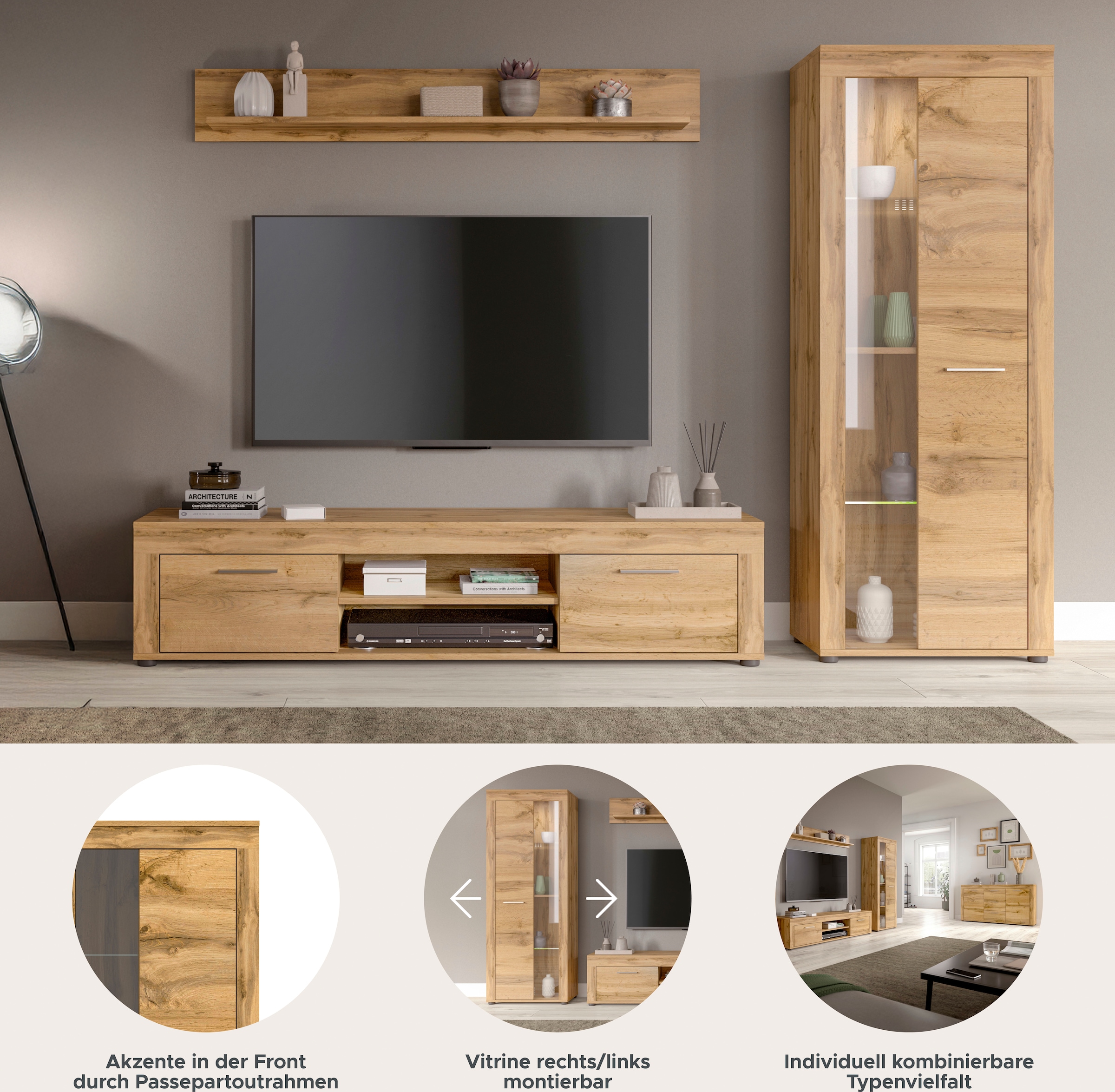 INOSIGN Wohnwand »Aosta, Breite 235cm, bestehend aus Lowboard, Wandboard, Vitrine«, (3 St.), Wohnwand, Kombination, Anbauwand, Möbel Set, Schrankwand, Möbel Kombi