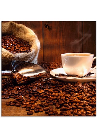 Glasbild »Kaffeetasse und Leinensack auf Tisch«, Getränke, (1 St.)