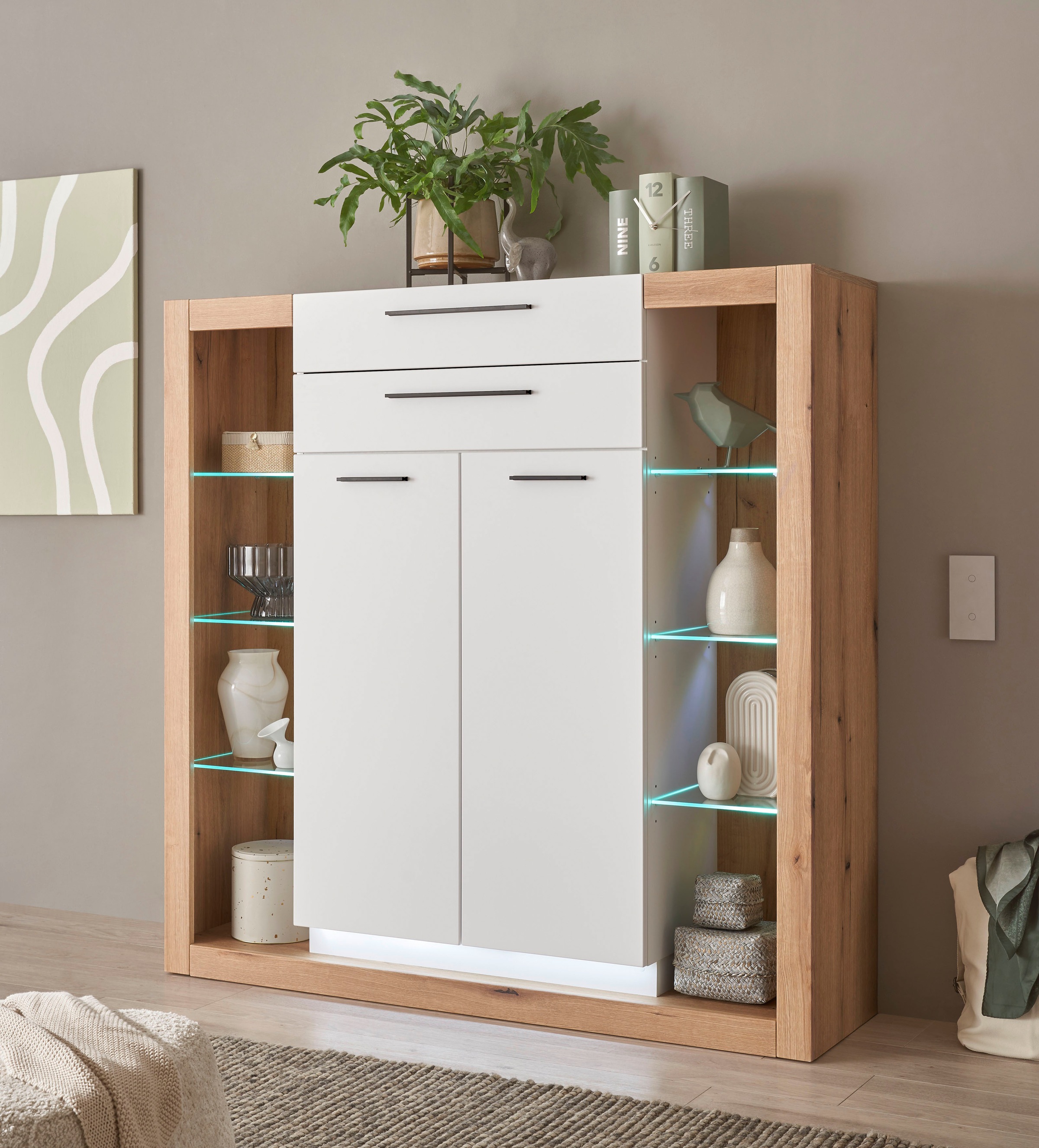 INOSIGN Highboard »Brixen, moderne Kommode, Stauraumelement in Eiche Evoke Dekor«, Metallgriffe, ausreichend Stauraum, vielseitig einsetzbar