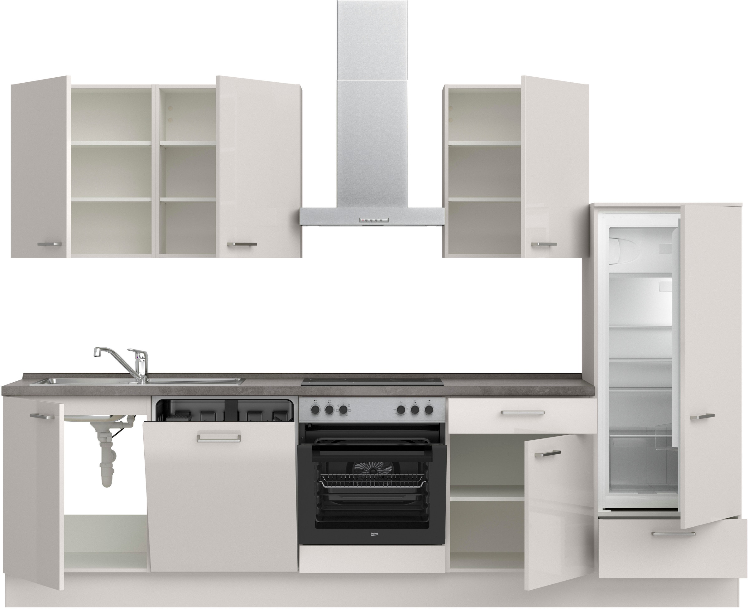 nobilia® Küchenzeile »"Flash I", NEU: individuell anpassbar mit gratis Profi-Beratung« vormontiert, Breite 300 cm, Ausrichtung wählbar, wahlw. mit E-Geräten