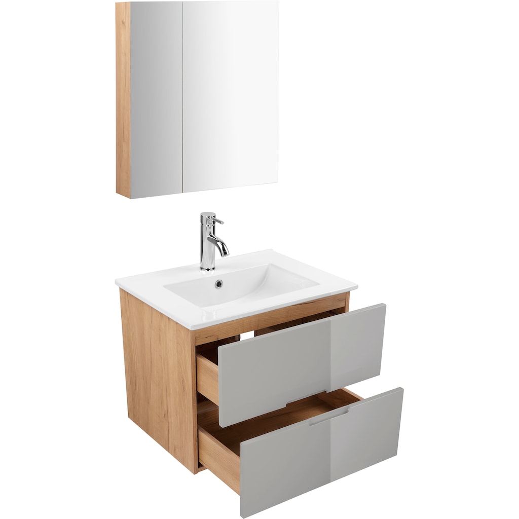 andas Badmöbel-Set »Lund Badmöbel Set Badschrank Badezimmerset«, (Komplett-Set), Spiegelschrank, Waschtisch und Waschbecken Breite 60cm