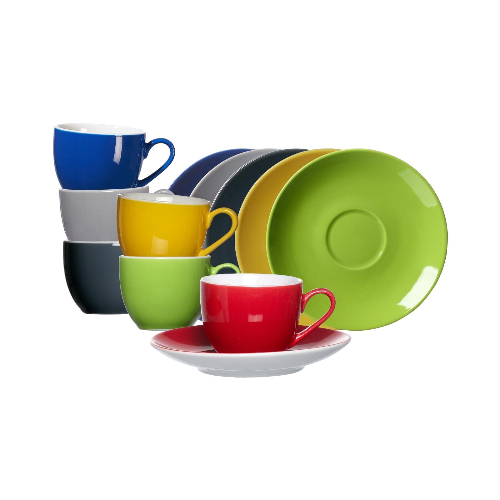 Espressotasse RITZENHOFF & BREKER "Espressotassen mit Untertassen Doppio 80 ml 6er Set bunt", bunt, B:12cm H:7cm Ø:12cm, Porzellan, Trinkgefäße, Espre