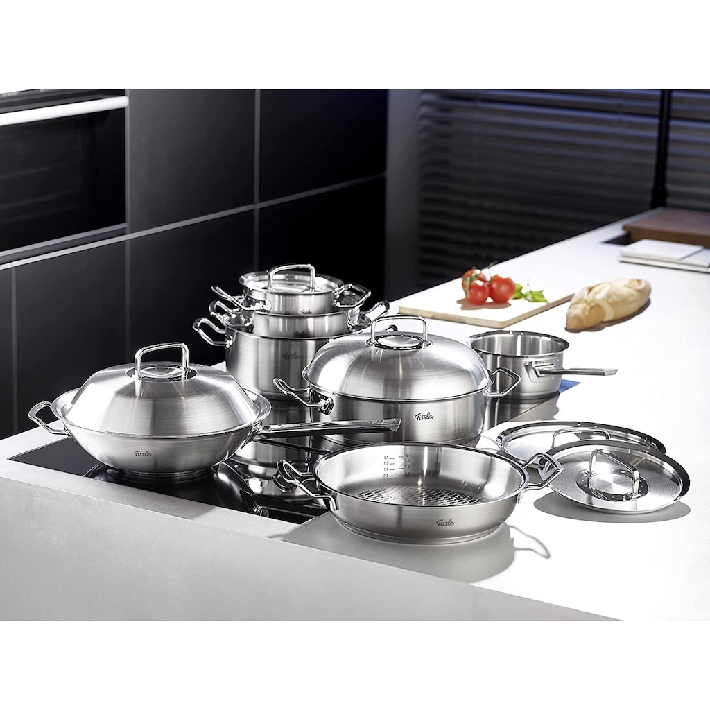 Fissler Topf-Set »ORIGINAL-PROFI COLLECTION® Edelstahl-Topfset«, Edelstahl 18/10, (4 tlg., 1x Kochtopf Ø 20 cm, 1x Stielkasserolle Ø 16 cm, 1x Pfanne Ø 24 cm), mit breitem Schüttrand, Kaltmetallgriffen. Made in Germany, Induktion