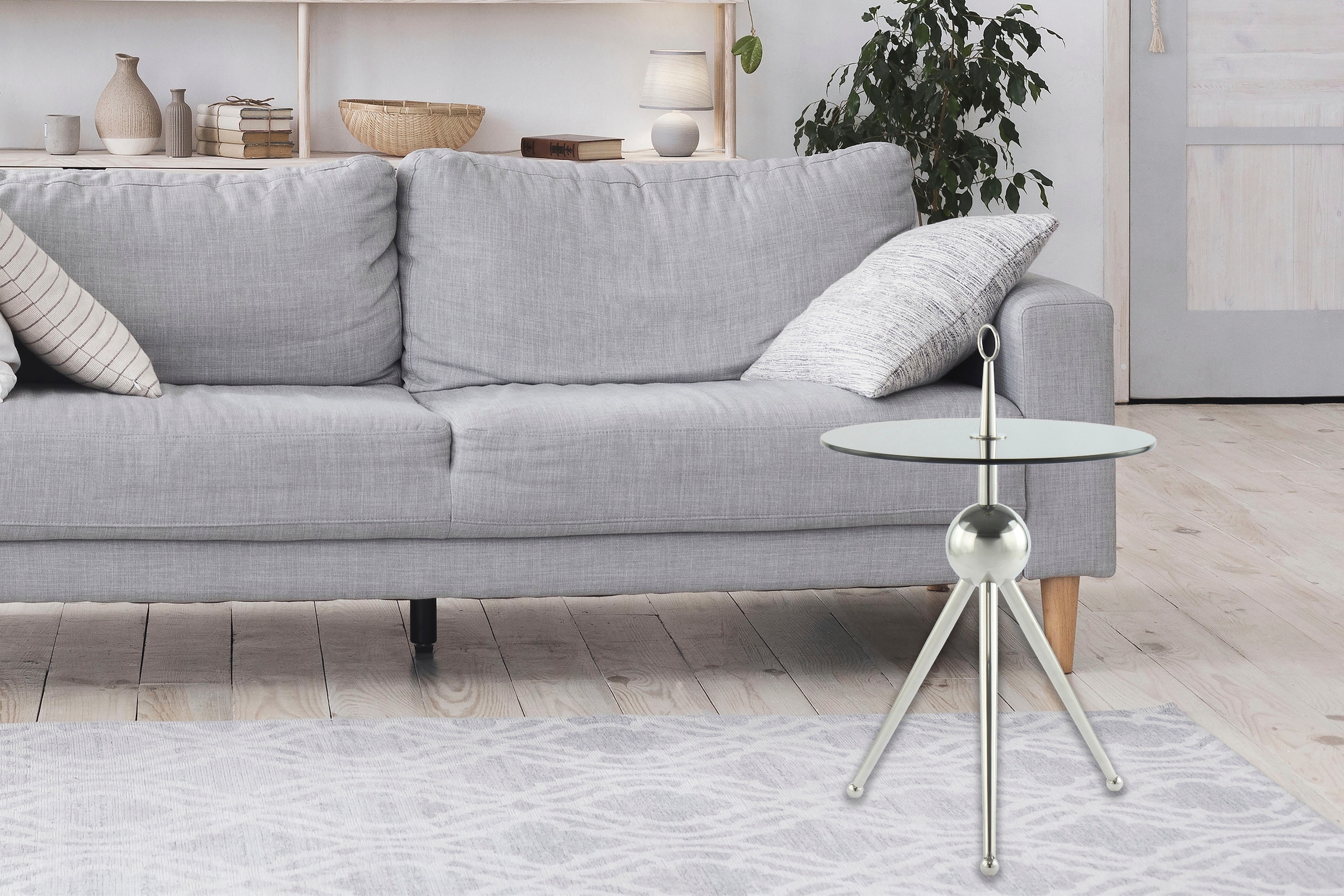 Kayoom Beistelltisch »Ontario 325, Runde Glasplatte aus Sicherheitsglas, 100% Edelstahl«, (1 St.), Minimalistisch, Gestell in Tripod-Design, mit Tragering