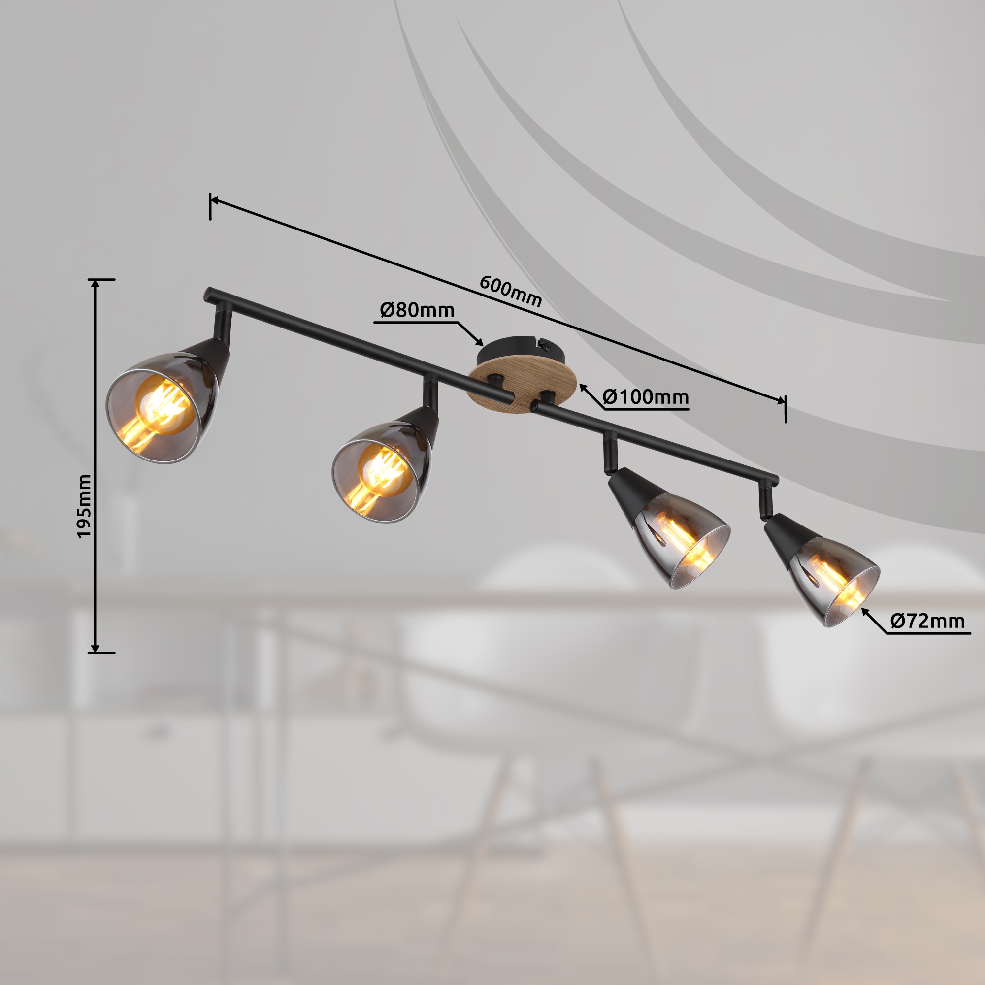 GLOBO LIGHTING Deckenstrahler »MUBBY«, Leuchtmittel E14 | ohne Leuchtmittel, Deckenspot/schwarz/Holz/Glas rauchfarben/Flur/Wohnzimmer