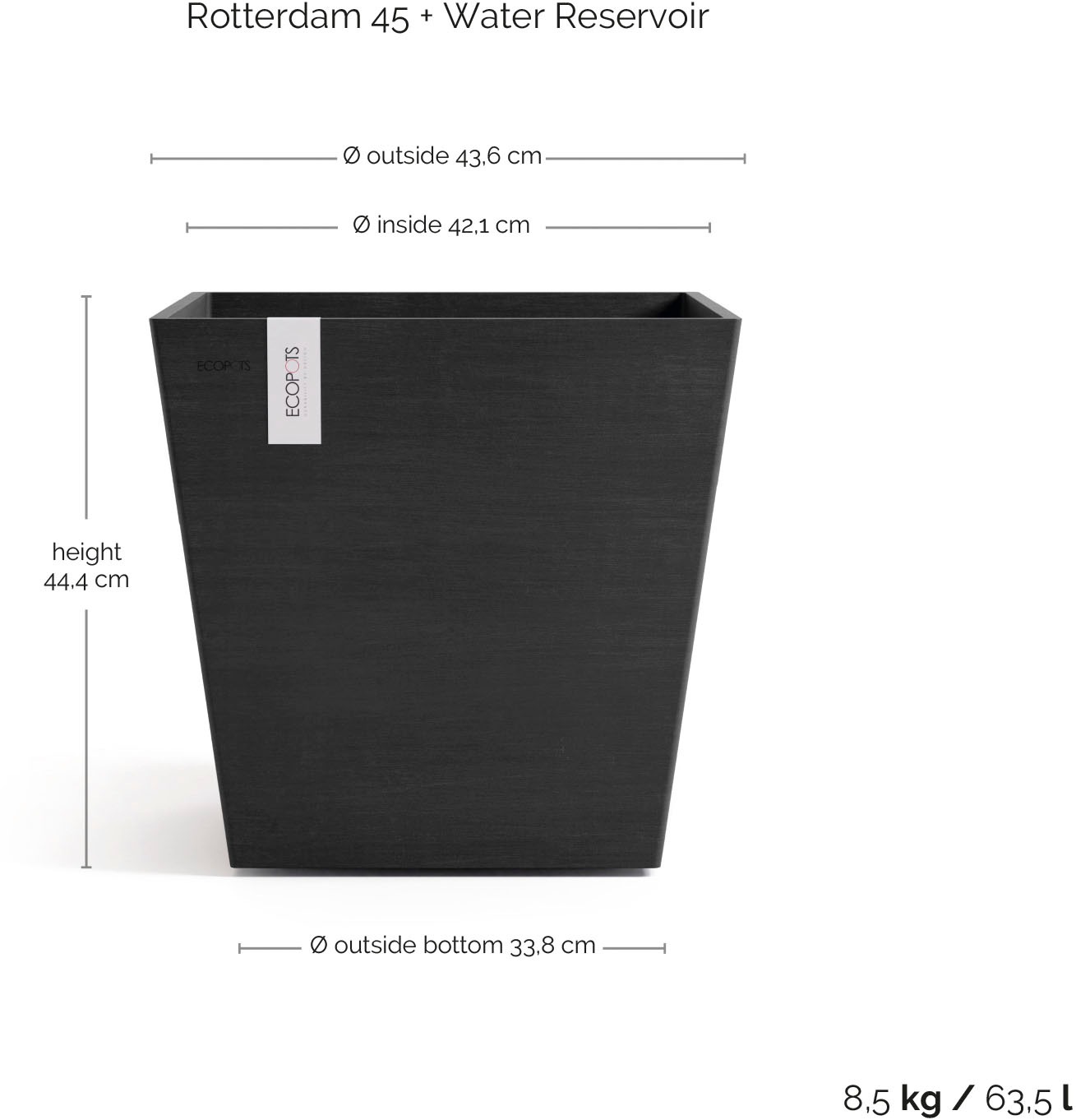 ECOPOTS Blumentopf »Rotterdam 45 + Wassersystem Dunkelgrau« für innen und außen: frostsicher, bruchsicher und lichtbeständig