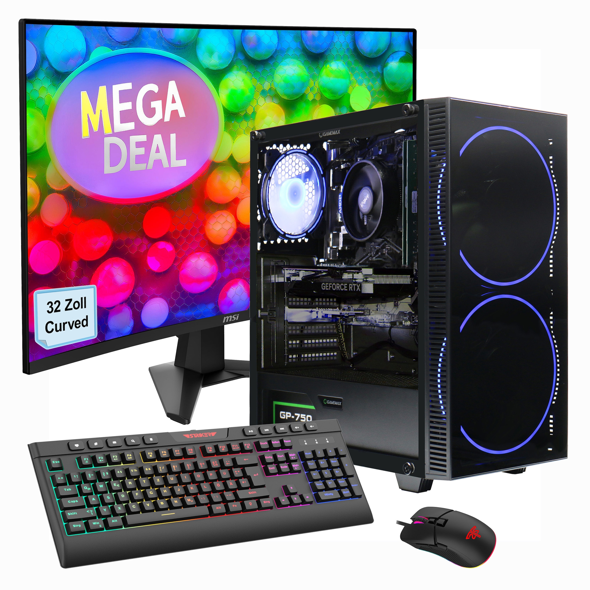 GAMEMAX PC-Komplettsystem »MegaDeal Gaming-PC-Set Black Hole«, (inkl. Maus, Tastatur), Windows 11 + MSI MAG 32C6 Curved-Monitor, 80cm (32")