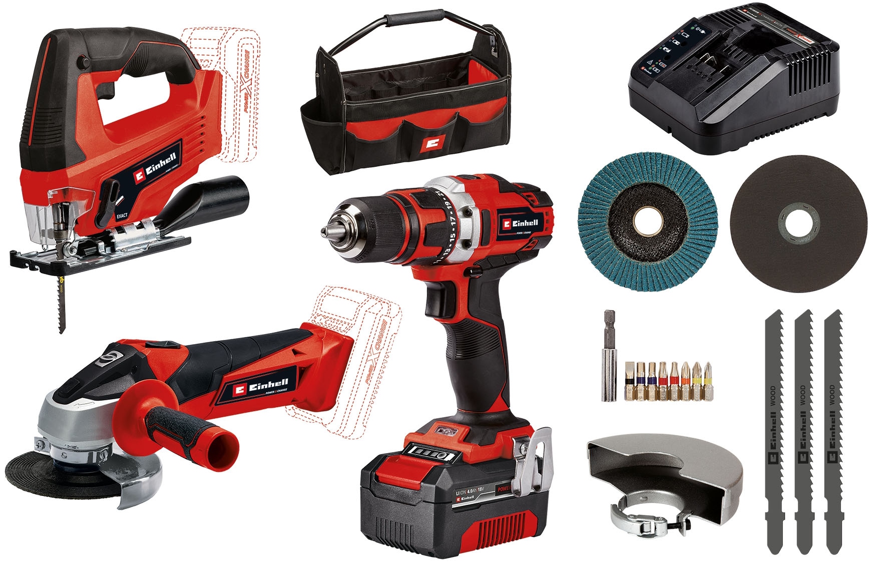 Einhell Elektrowerkzeug-Set "TE-TK 18/3 Li Kit (JS+CD+AG)" Set, 13 Stk. tlg. Akku-Bohrschrauber, -Winkelschleifer und -Stichsäge, Tasche