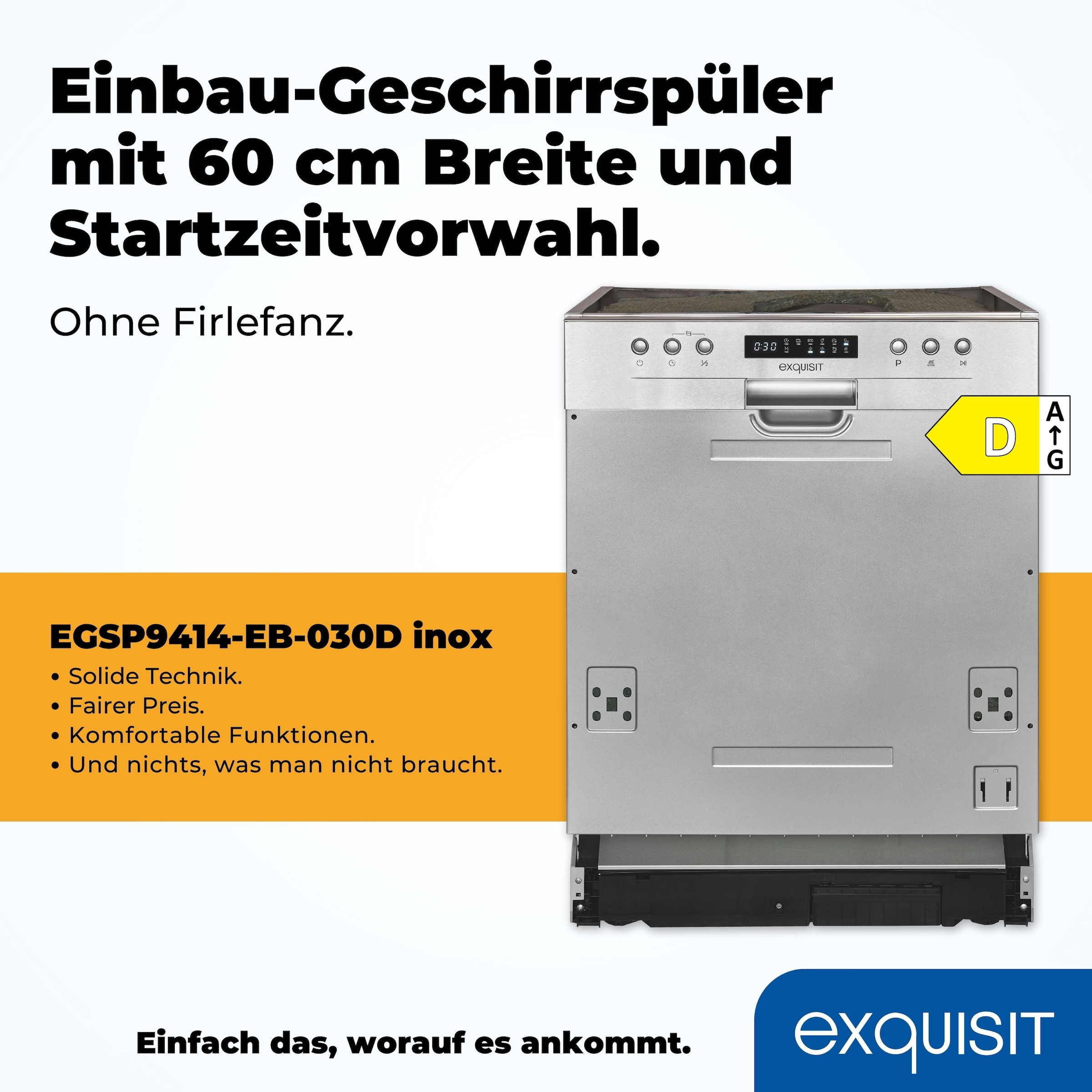 exquisit teilintegrierbarer Geschirrspüler »EGSP9414-EB-030D inox«, 14 Maßgedecke