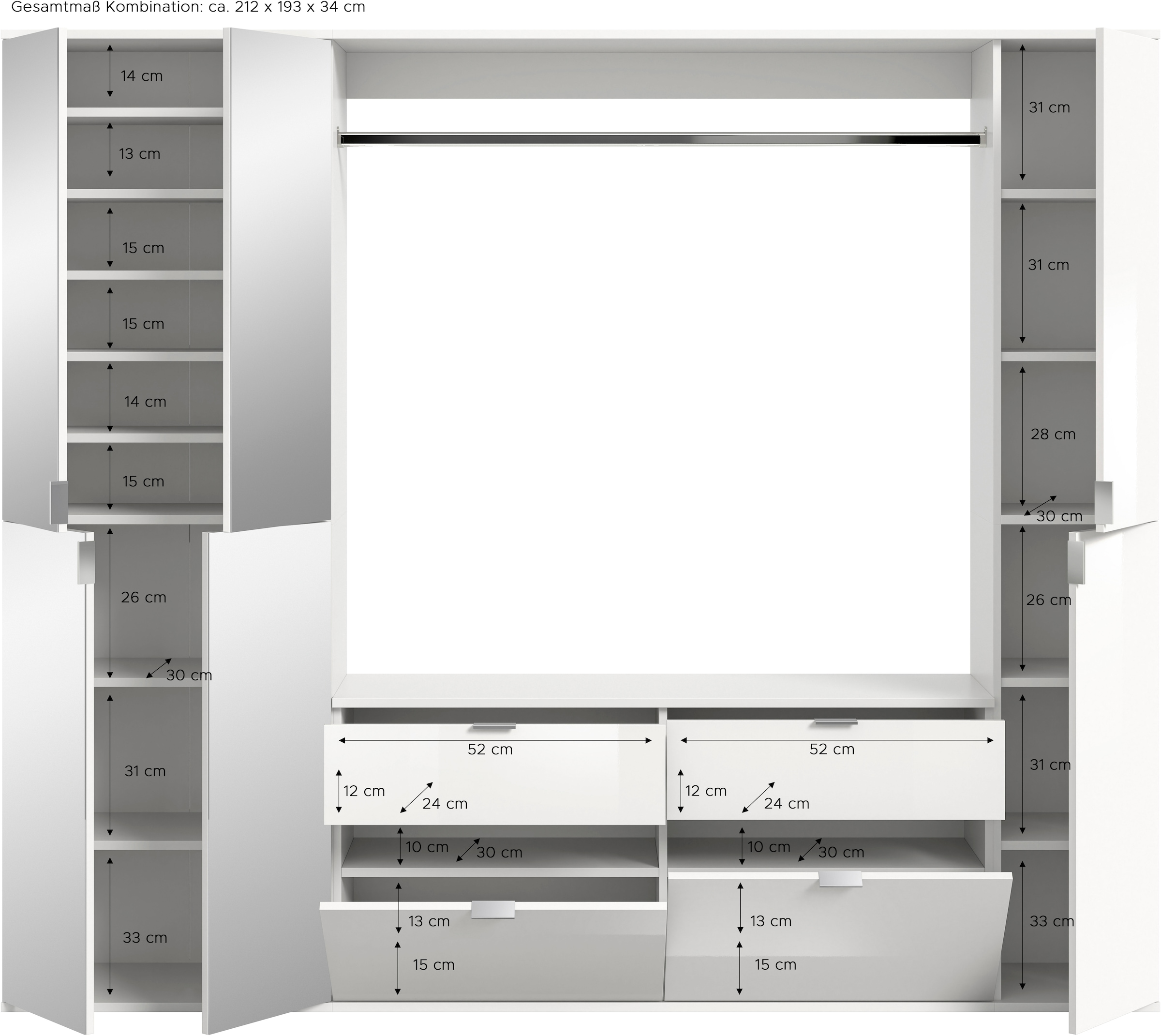 INOSIGN Garderoben-Set »Trondheim, Breite 212 cm, 5-teilig, bestehend aus:«, (Set, 4 St.), 2x Garderobenschrank, 1 Kommode, 1 Garderobenstange, 1 Ablageboden