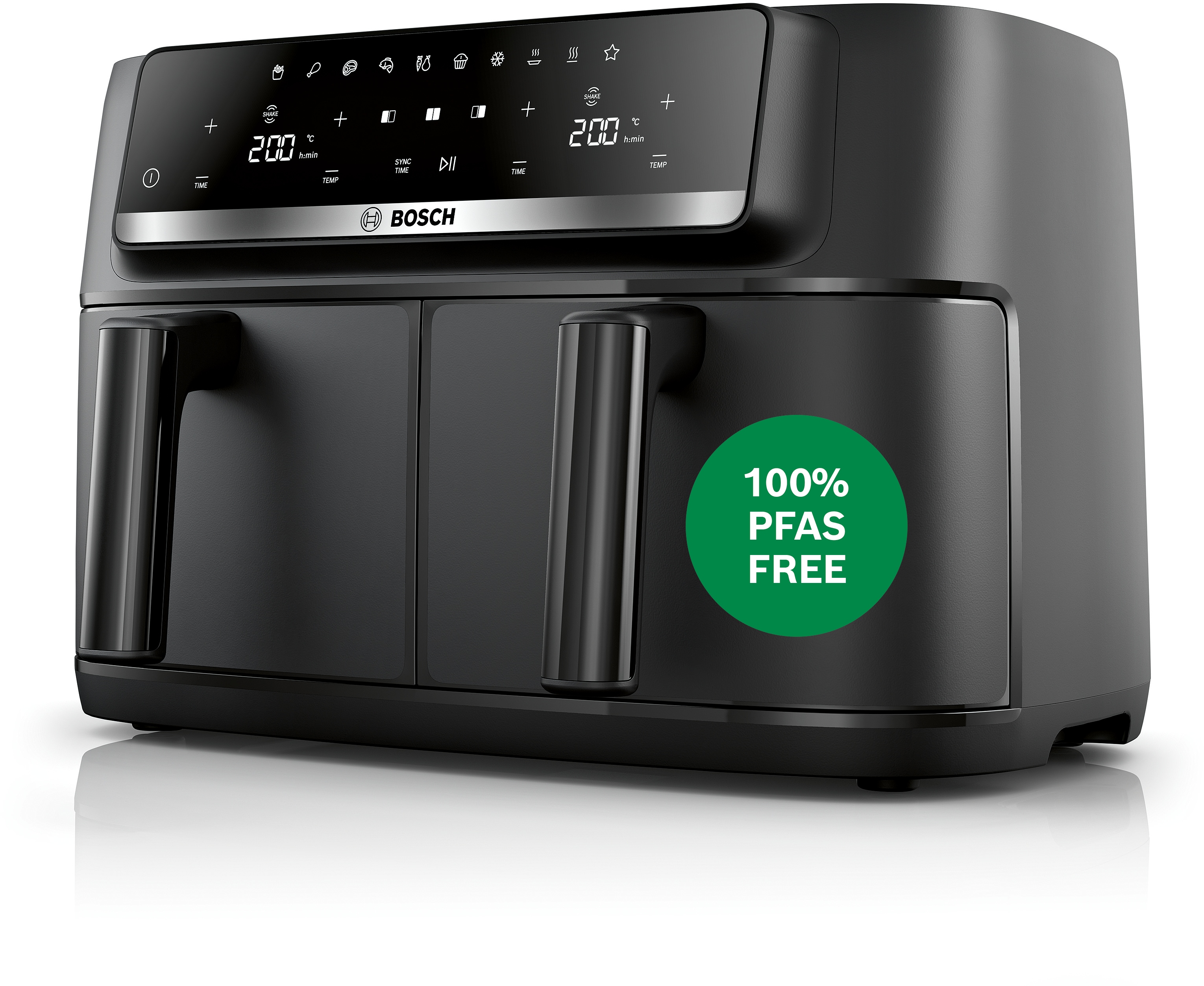 BOSCH Heißluftfritteuse "Airfryer MAFD440B0, 2* 4,5L Kammer, spülmaschinengeeignet, schwarz" 2500 W PFAs frei, einfache Reinigung, 6 voreingestellte Programme