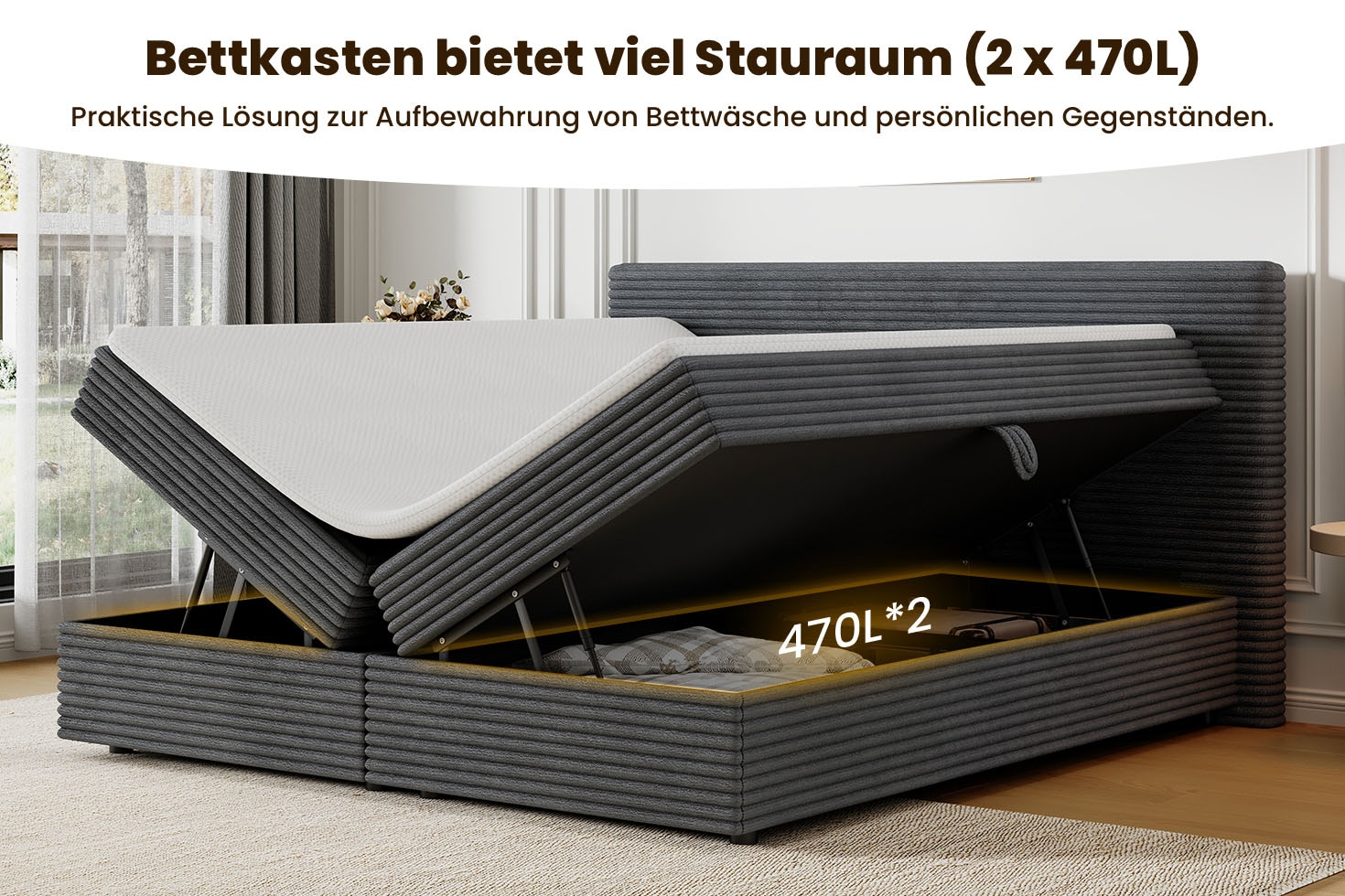 OTTO home Boxbett »ALVVIA, Polsterbett mit Bettkasten und Taschenfederkernmatratze (H3)« 180x200cm Liegefläche, Komfortschaumtopper (4cm)