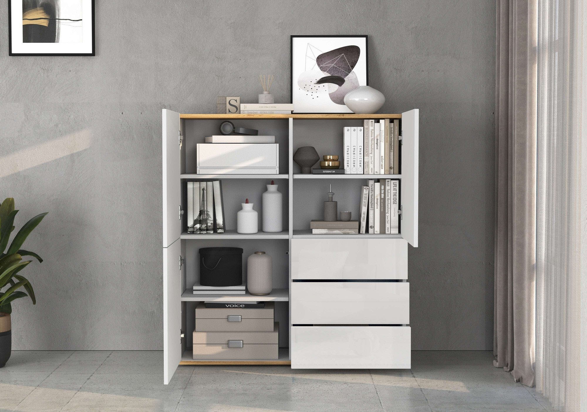 INOSIGN Highboard »GARDA Highboard, Kommode, Schrank, Grifflos mit Push to Open«, (1 St.), 3 Türen, 3 Schubladen, grifflos Breite 102 cm