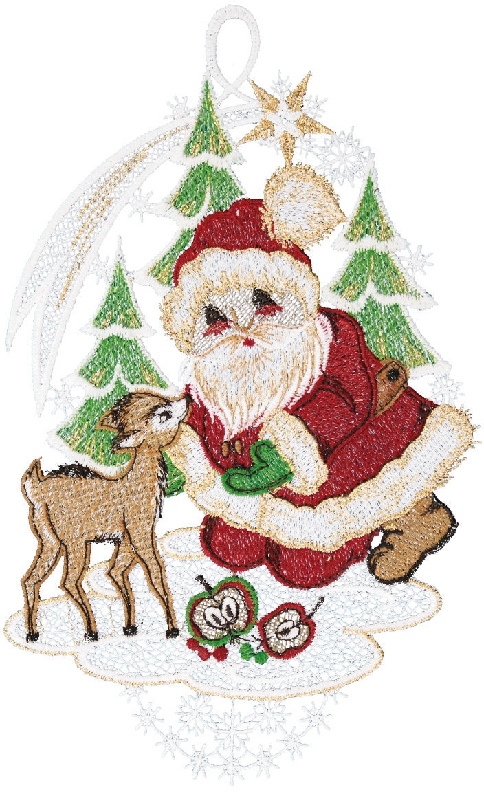 W. Reuter & Sohn - Plauener Spitze Fensterbild "Weihnachtsmann mit Rehkitz" günstig online kaufen