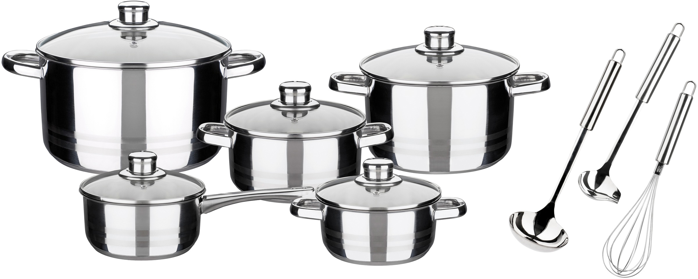 GSW Topf-Set "Helsinki", Edelstahl 18/8, (Set, 13 tlg., 1 Bratentopf Ø 16/20 cm, 1 Fleischtopf Ø 20/24 cm, 1 Stieltopf Ø