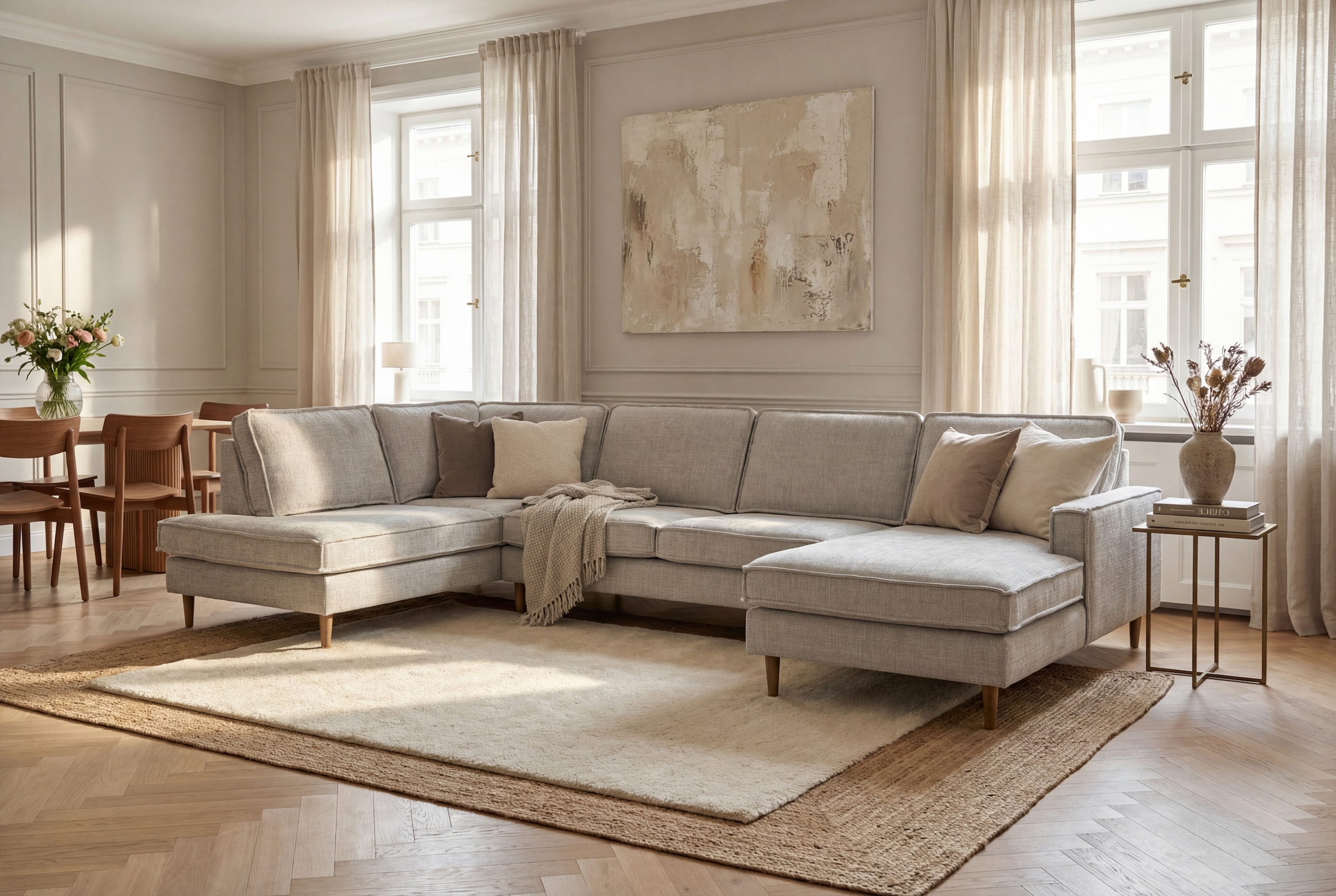 OTTO home Wohnlandschaft "Pinto Skandi, 350 cm, U-Form, XXL, mit Ottomanen" mit Keder, Massivholzfüße Eiche geräuchert, Wellenunterfederung