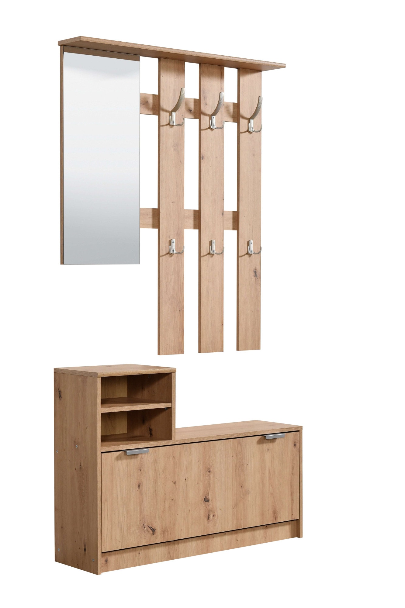 INOSIGN Garderoben-Set »Ravenna Flurgarderobe, Dielenschrank, Kompaktgarderobe, Breite 100 cm«, (Komplett-Set, 2 St.), inkl. Schuhschrank und Garderobenpaneel, mit Klapptür, Spiegel, Haken