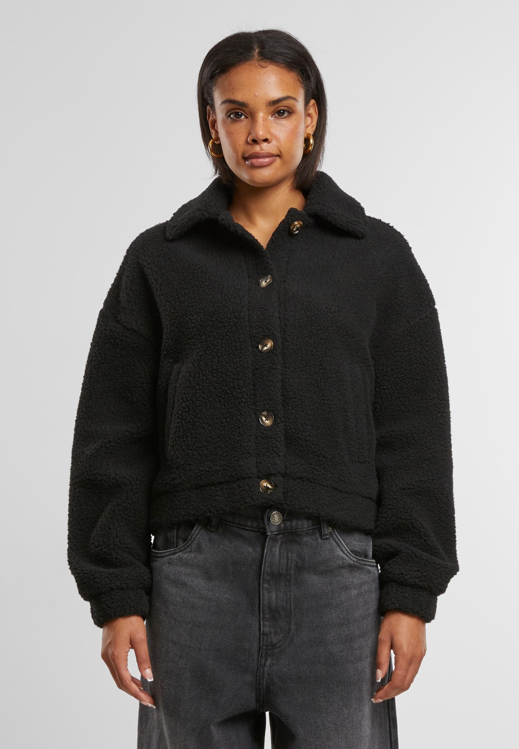 URBAN CLASSICS Allwetterjacke »Urban Classics Ladies Short Sherpa Button Jacket«, (1 St.), ohne Kapuze