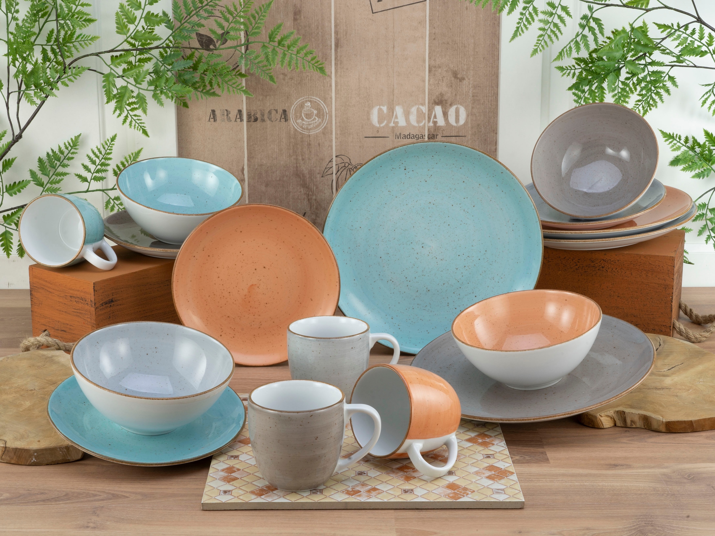 CreaTable Kombiservice »Geschirr-Set VINTAGE NATURE«, (Set, 16 tlg.,  Kaffeeservice und Tafelservice im Set, für 4 Personen), Service,  handgemalt, gesprenkelt, 16 Teile, für 4 Personen | BAUR