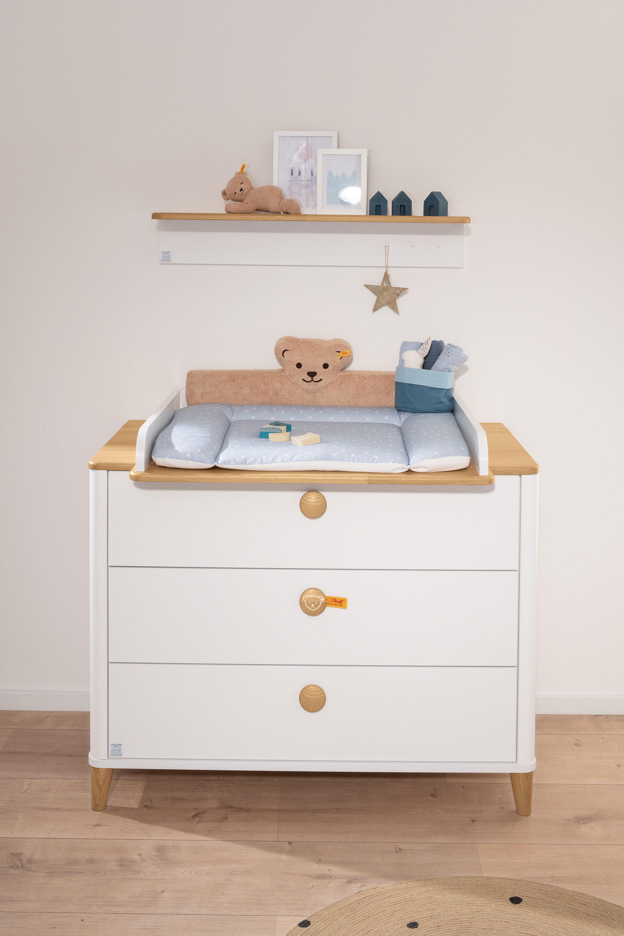 Wickelaufsatz PAIDI, B:119cm H:12,3cm T:80,6cm, weiß, Massivholz, Spanplatte, Wickelaufsätze, "LOTTE & FYNN Steiff by PAIDI, Weiß mit Eiche