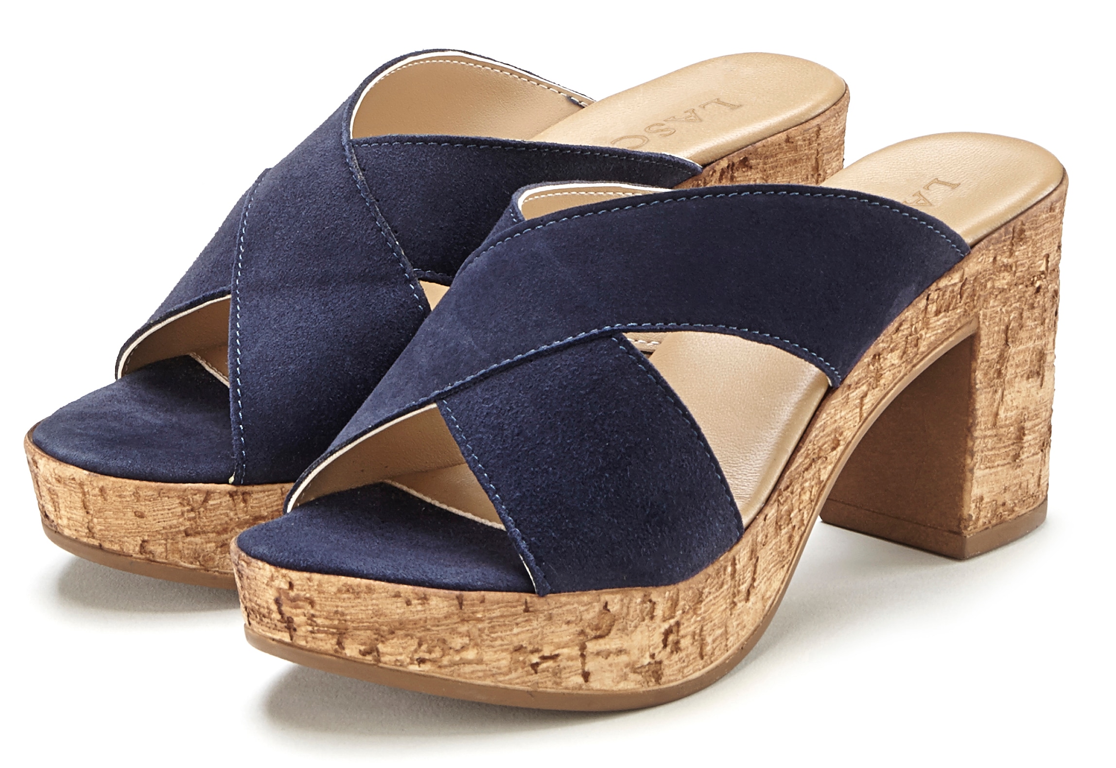 LASCANA Pantolette "Sommerschuh, offener Schuh, Sandalette, Mule," aus Leder mit Blockabsatz in Kork-Optik