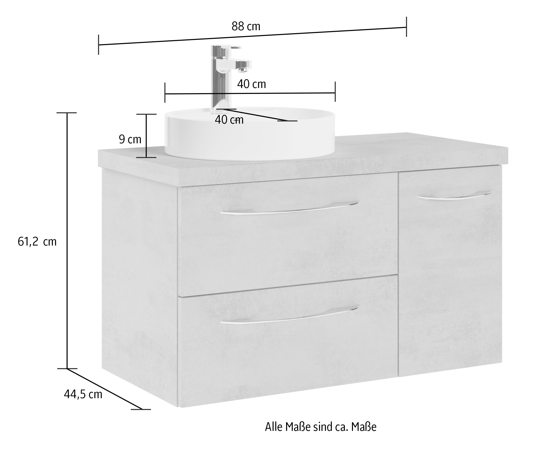 Saphir Waschtisch »Serie 4035 Keramik-Aufsatzbecken mit Unterschrank, 88 cm breit«, Waschplatz, 2 Schubladen, 1 Tür, inkl. Türdämpfer, Griff Chrom Glanz