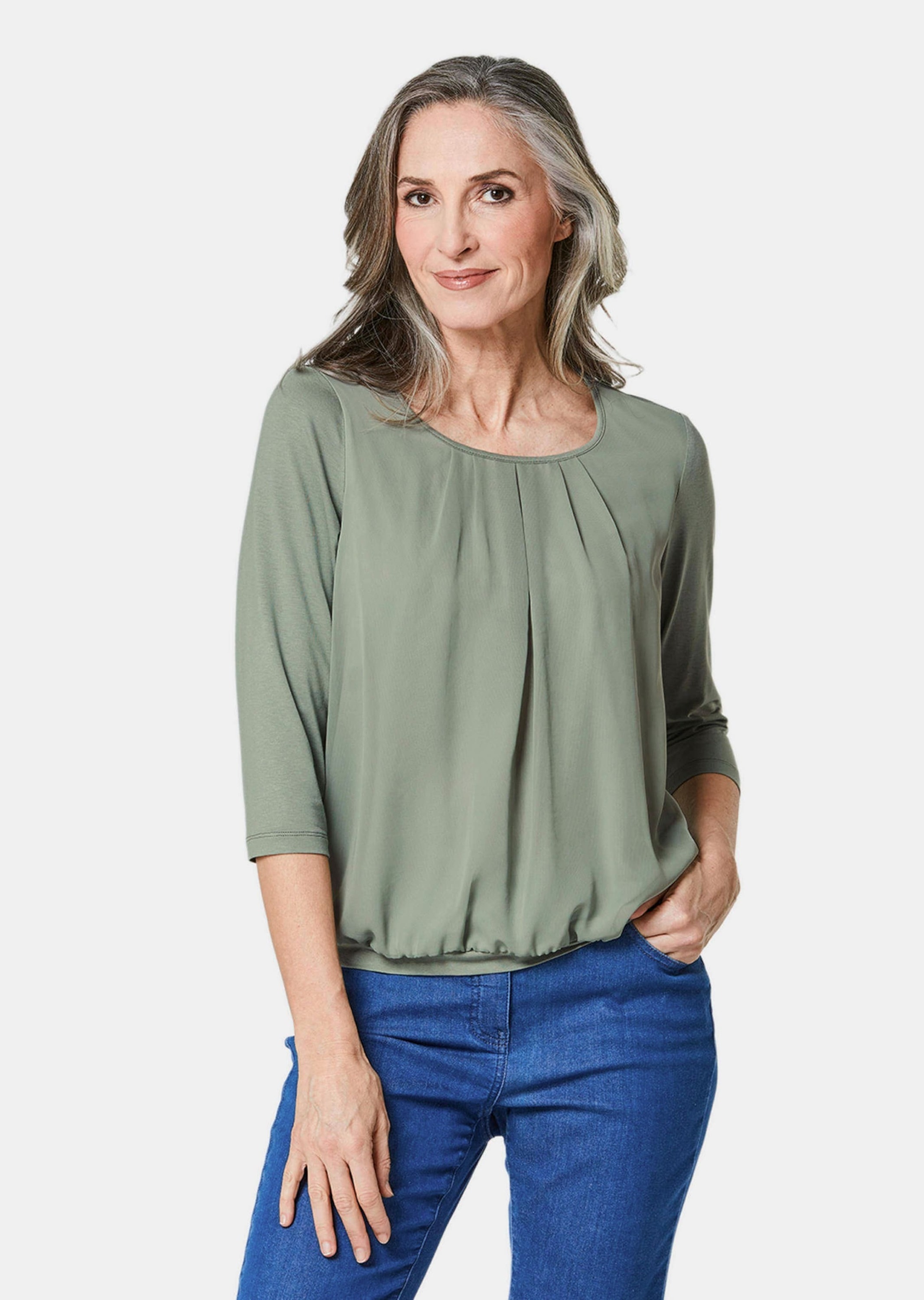 GOLDNER Kurzarmbluse »Chiffon-Shirt mit 3/4-Arm, Rundhals«