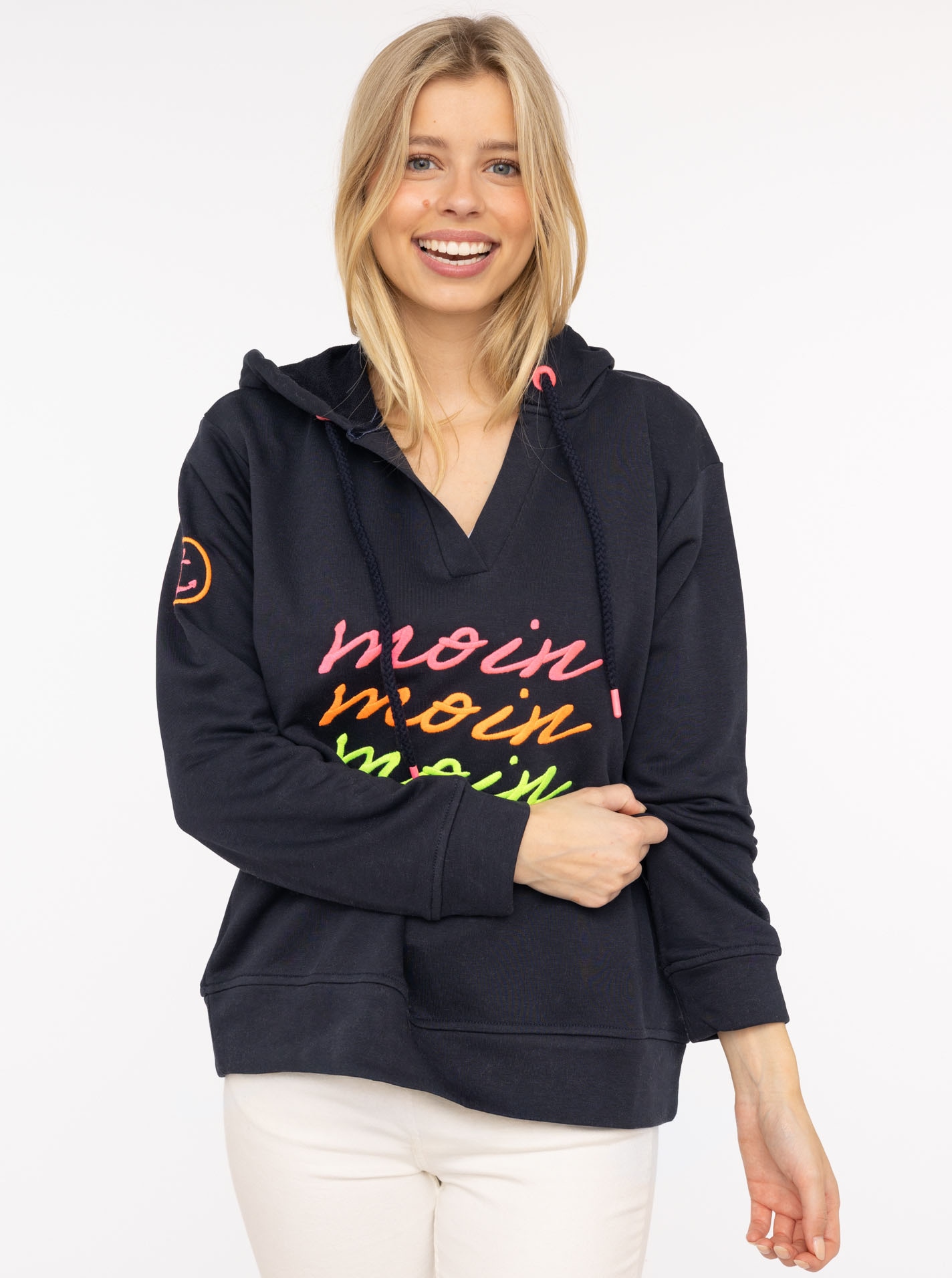 Zwillingsherz Hoodie ""Moin Moin Moin"", V-Ausschnitt, mit bunter MOIN Stic günstig online kaufen