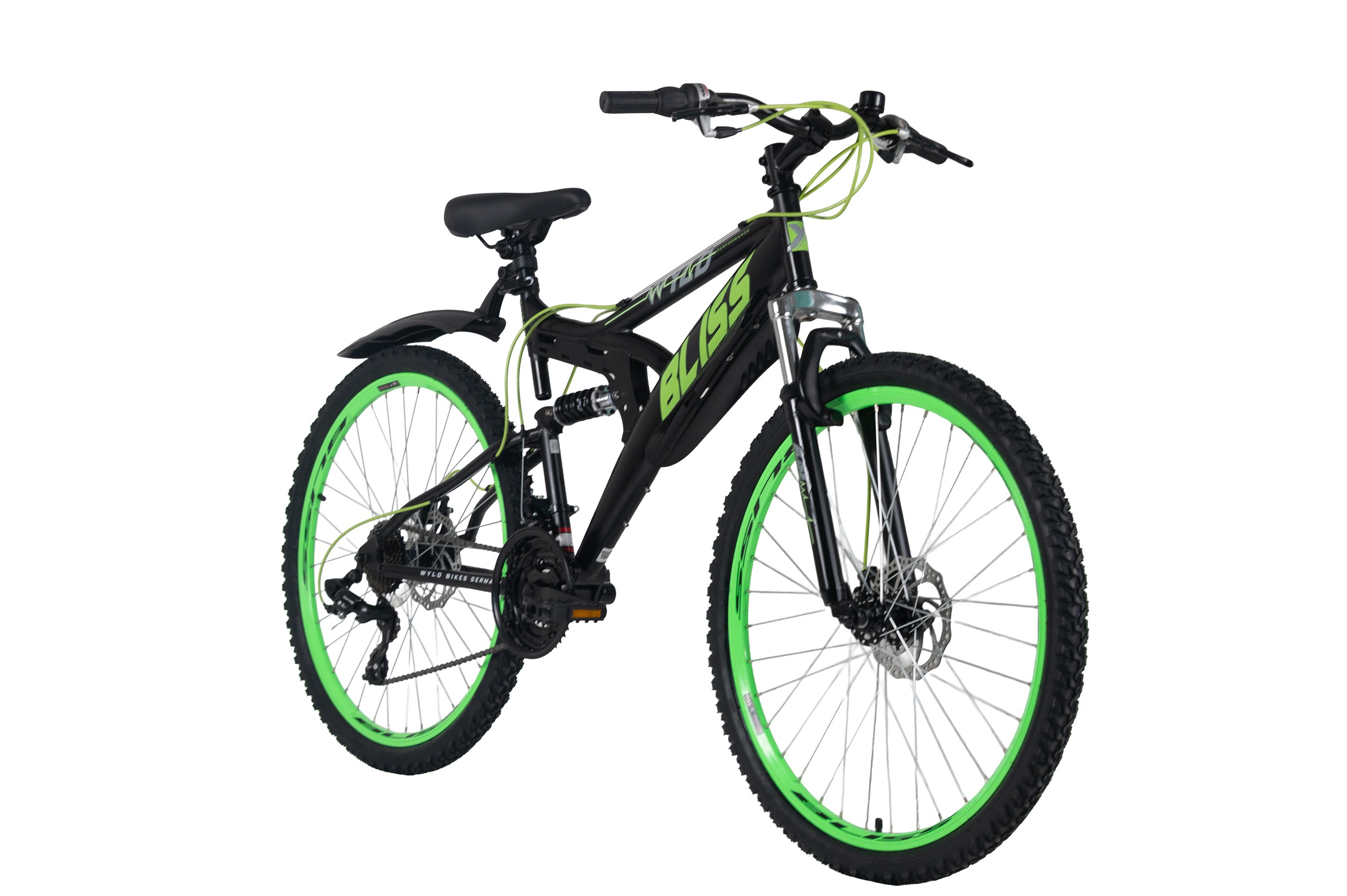 WYLD Mountainbike »WYLD Mountainbike Fully 26'' Bliss schwarz-grün 21 Gänge RH 47 cm« 21 Gang Shimano Tourney Schaltwerk Kettenschaltung