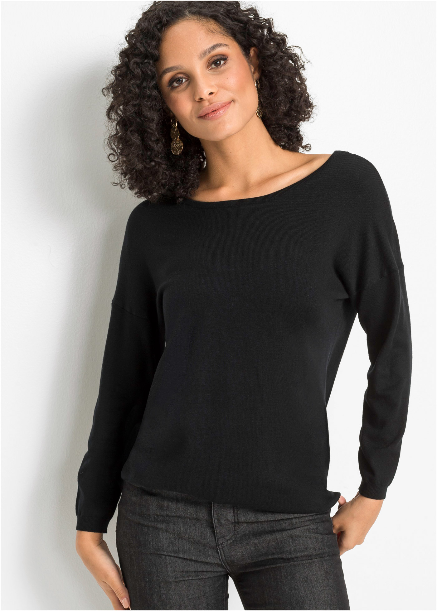 bonprix Strickpullover Viskose-Feinstrick, abgerundeter Saum, Schnürung im Rücken
